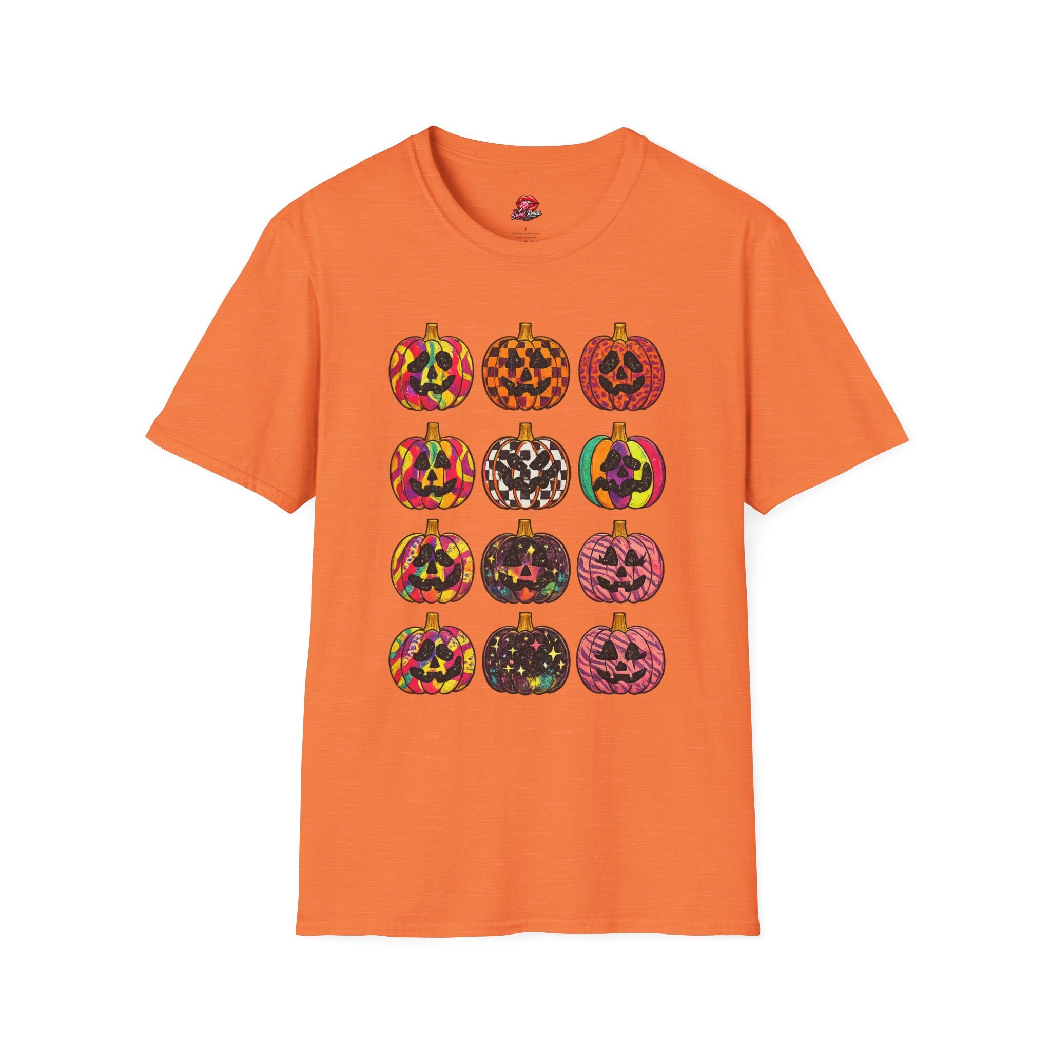 Colorful Jack-O-Lantern pattern T-Shirt | Cute Halloween Pumpkin Graphic Tee | Spooky Season Fall Shirt for Women