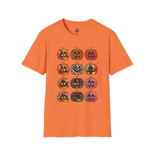 Colorful Jack-O-Lantern pattern T-Shirt | Cute Halloween Pumpkin Graphic Tee | Spooky Season Fall Shirt for Women