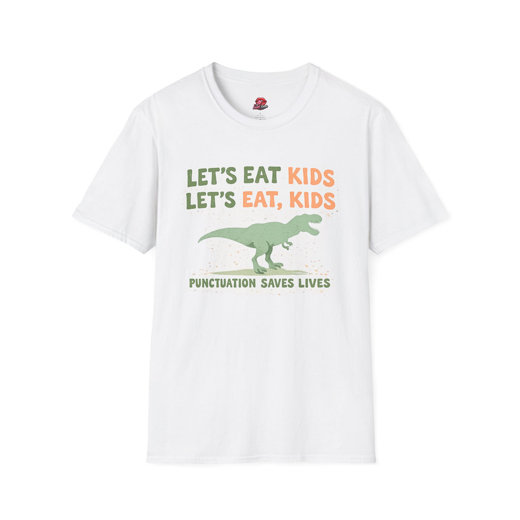 Let’s Eat Kids Let’s Eat, Kids Dinosaur Grammar Teacher T-Shirt | Funny Punctuation Saves Lives English Teacher Tee | ELA Classroom Gift