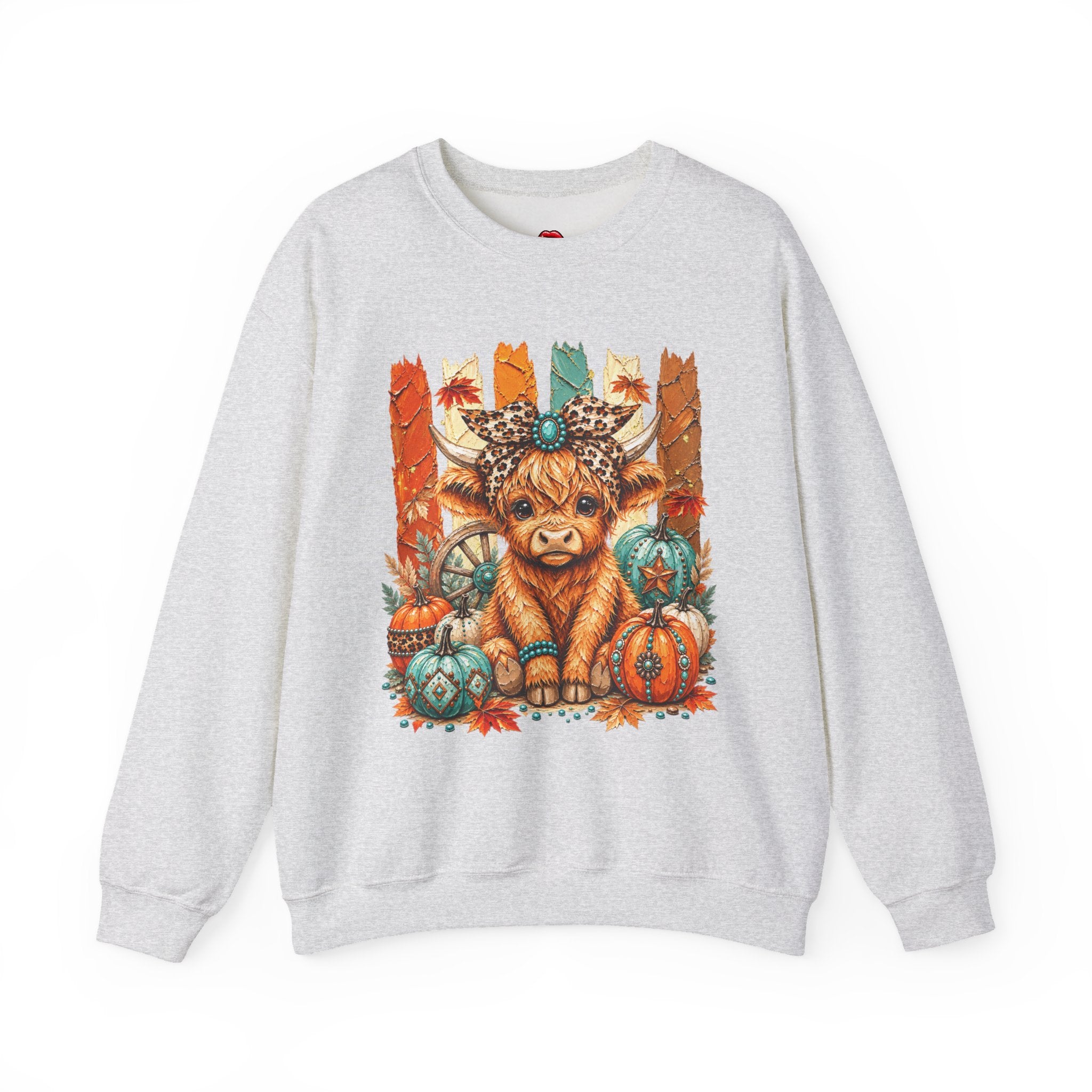 Autumn Highland Cow Crewneck Sweatshirt — Cute Fall Pumpkin Farm Sweatshirt