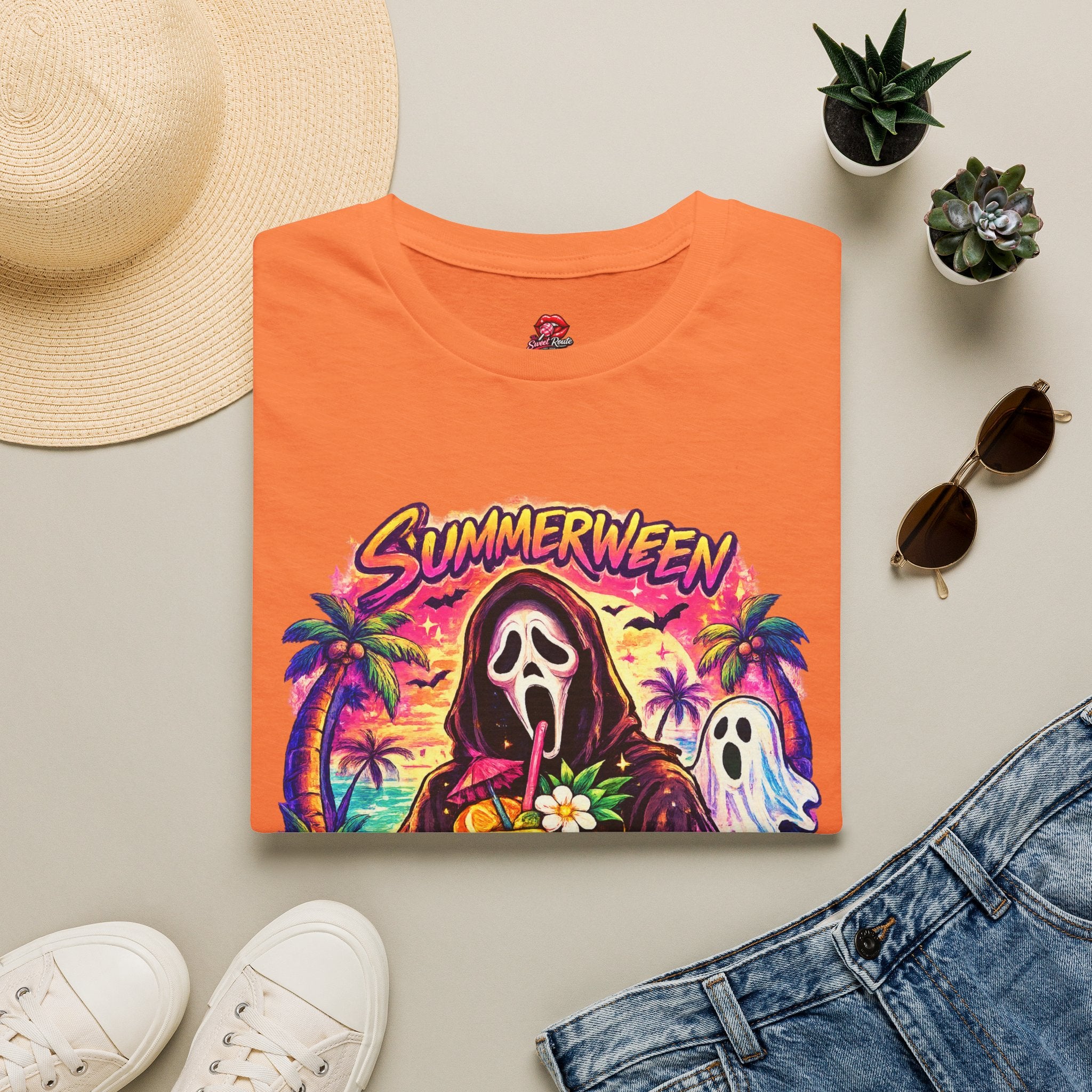 Summerween T-Shirt | Retro Tropical Halloween Graphic Tee | Spooky Beach Ghost Shirt | Cute Summer Halloween Shirt | Fall Lover Gift