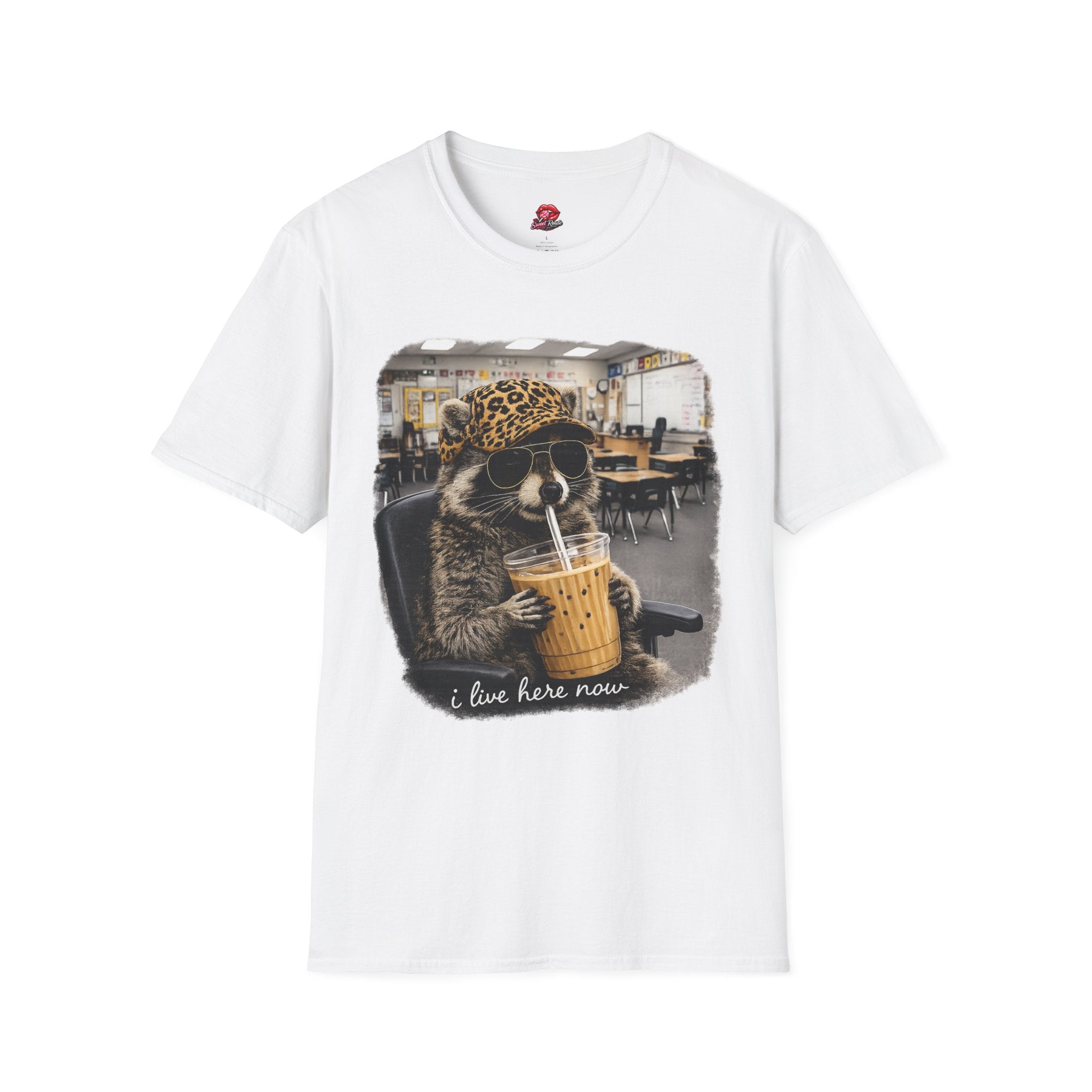 Cute Raccoon Drinking Boba T-Shirt | Leopard Bucket Hat Graphic Tee | Funny Bubble Tea Lover Shirt | Kawaii Animal Unisex Gift