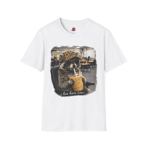 Cute Raccoon Drinking Boba T-Shirt | Leopard Bucket Hat Graphic Tee | Funny Bubble Tea Lover Shirt | Kawaii Animal Unisex Gift