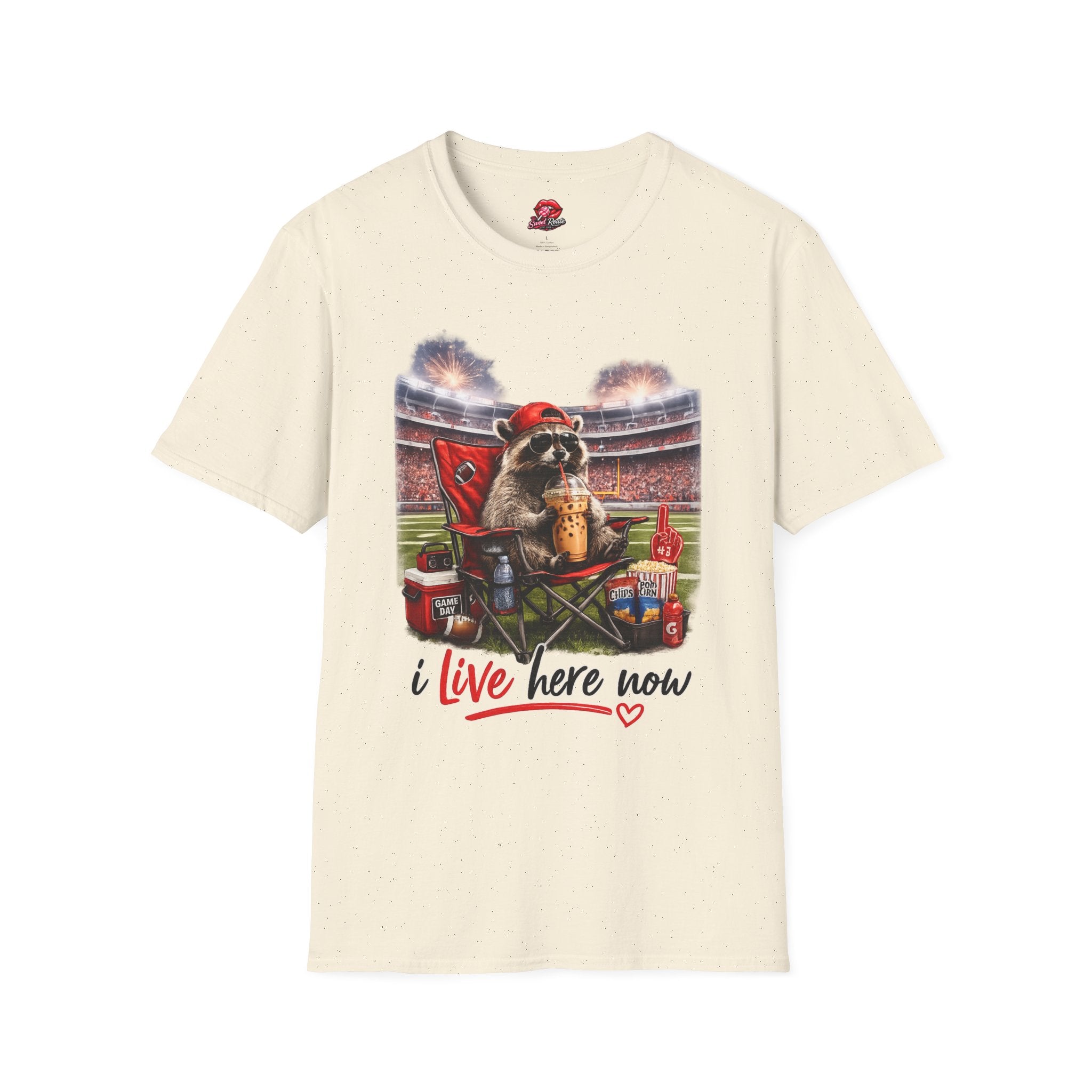 Raccoon Tailgate T-Shirt | “I Live Here Now” Funny Football Game Day Tee | Cute Fall Graphic Shirt