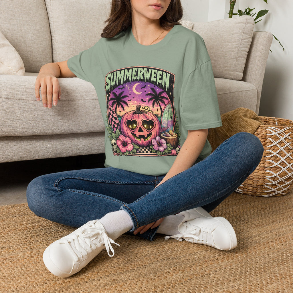 Summerween T-Shirt — Tropical Halloween Pumpkin Tee | Pink Skull Graphic Tee | Spooky Summer Vacation Shirt