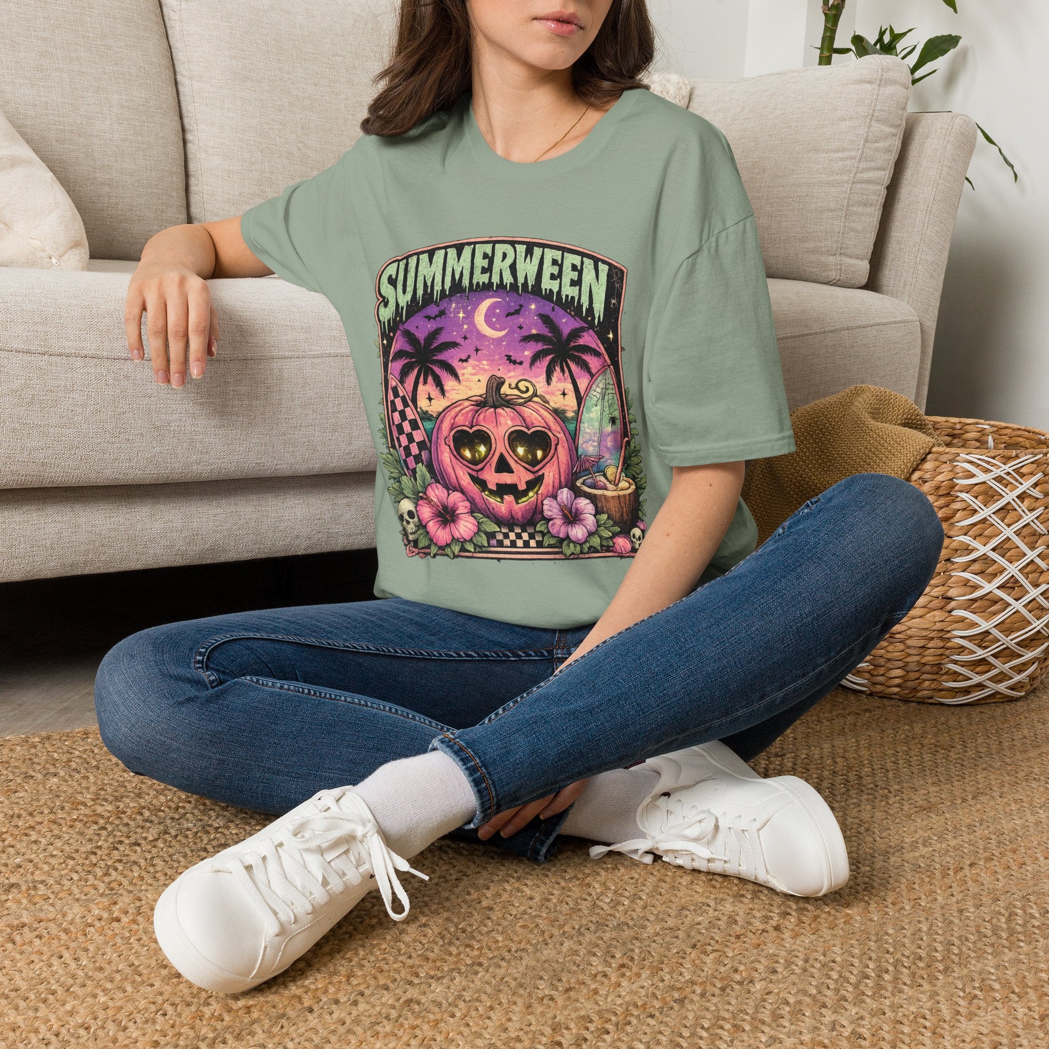 Summerween T-Shirt — Tropical Halloween Pumpkin Tee | Pink Skull Graphic Tee | Spooky Summer Vacation Shirt