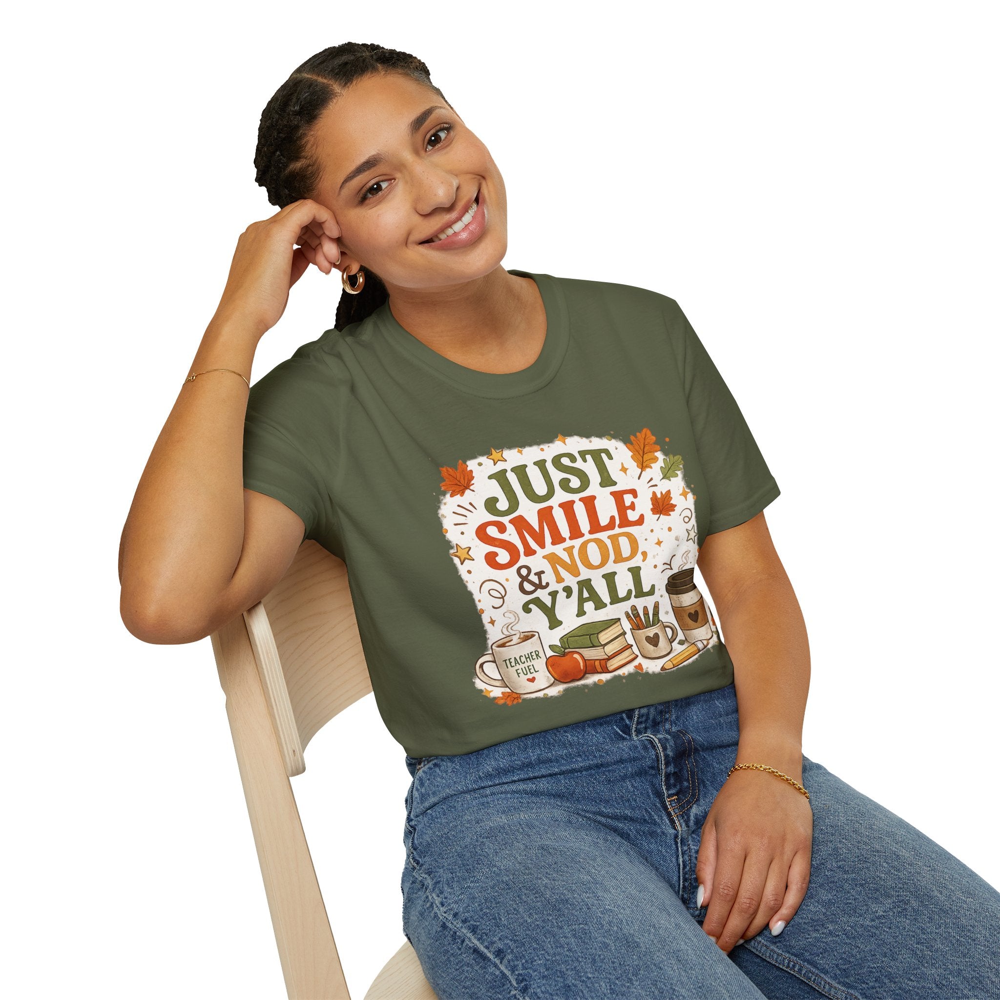 Just Smile & Nod, Y’all Teacher Shirt | Funny Teacher Fall Graphic Tee | Cozy Autumn Classroom T-Shirt