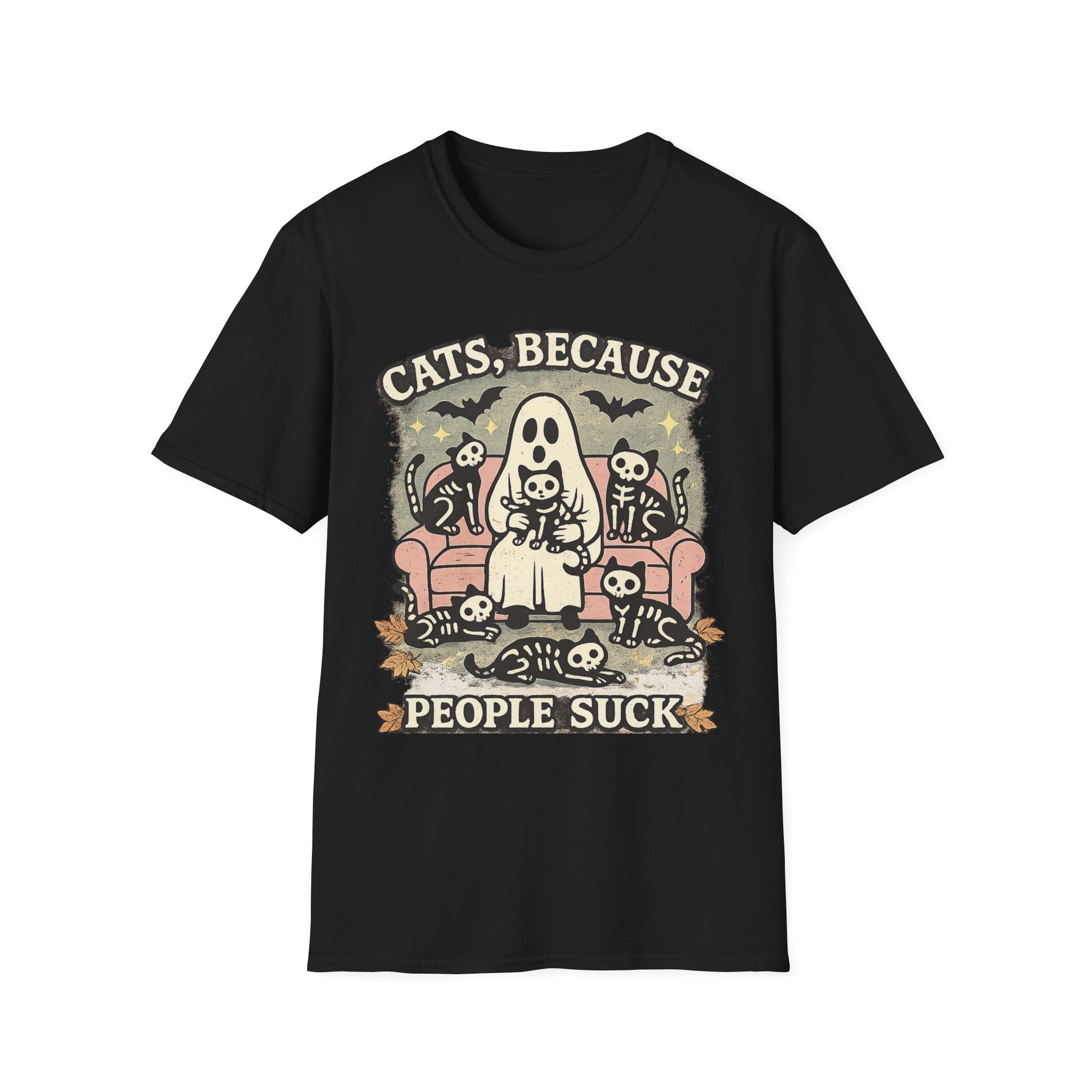 Cats, Because People Suck T-Shirt | Funny Black Cat Halloween Shirt | Cute Spooky Cat Graphic Tee | Cat Lover Gift for Women & Men