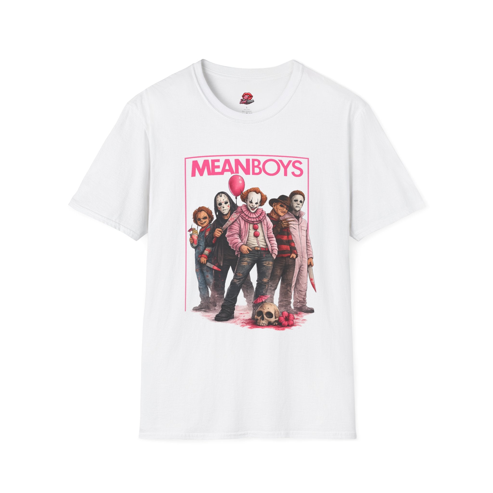 Mean Boys Horror Graphic T-Shirt | Retro Slasher Inspired Pink Halloween Tee | Cute Creepy Horror Fan Shirt | Spooky Season Gift