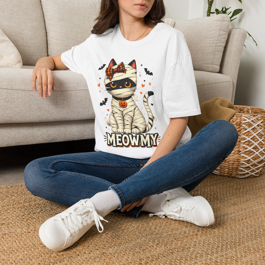 Mummy Cat Meowmy Halloween T-Shirt | Cute  Black Cat Ghost Graphic Tee | Funny Cat Mom Halloween Shirt | Spooky Fall Cat Lover Gift