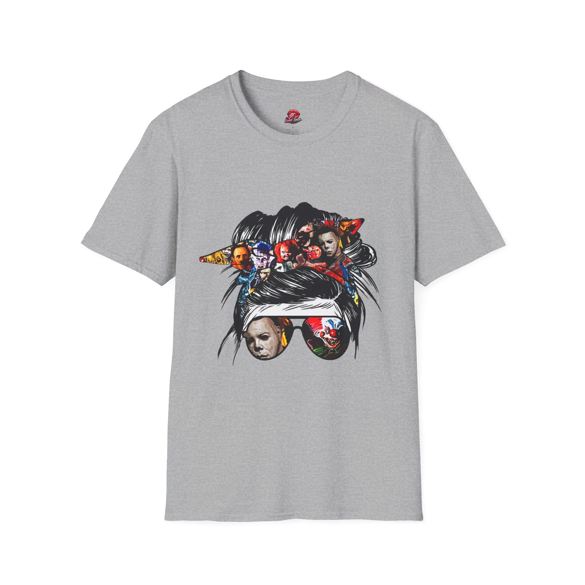 Horror Icons Messy Bun Collage T‑Shirt