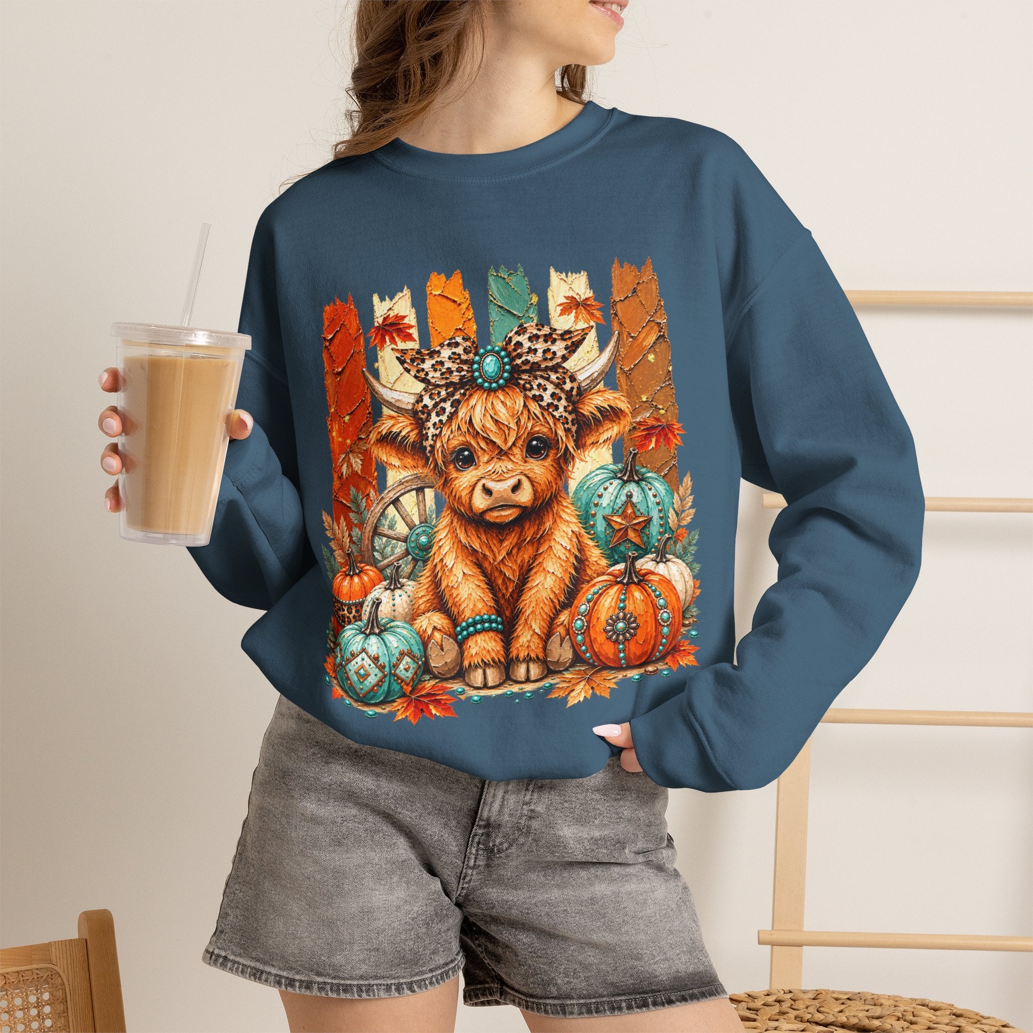 Autumn Highland Cow Crewneck Sweatshirt — Cute Fall Pumpkin Farm Sweatshirt