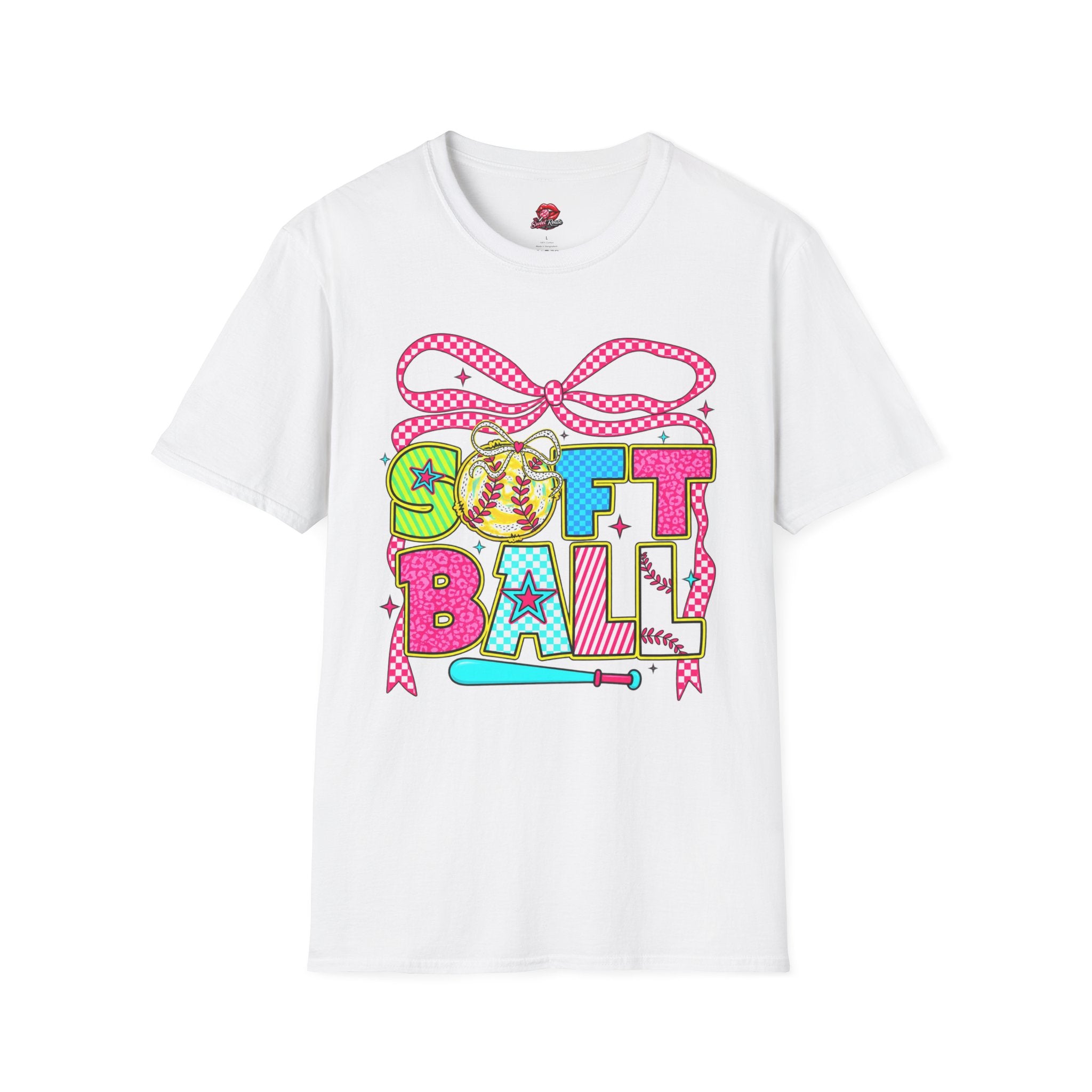 Colorful Bow & Bat Softball Tee