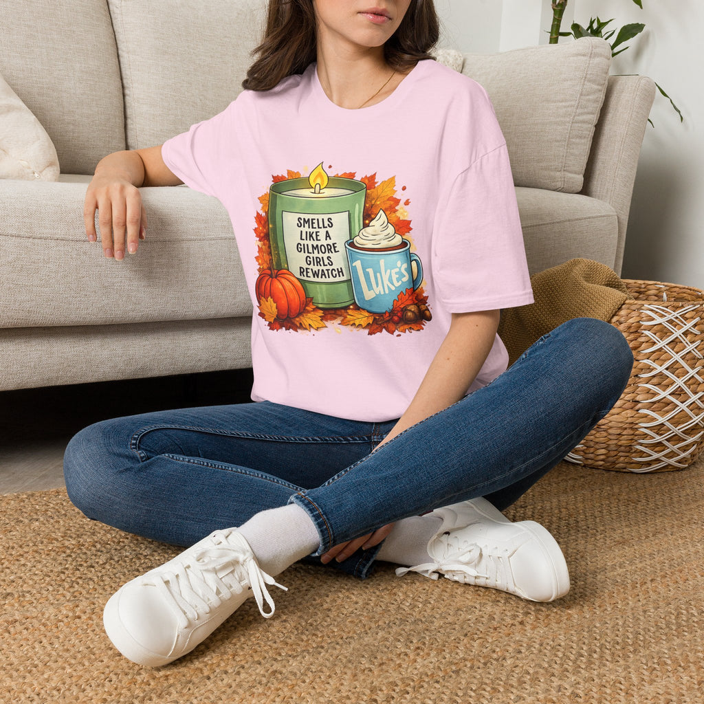Smells Like a Cozy Fall Rewatch Graphic T-Shirt | Autumn Coffee & Candle Tee | Book Lover Fall Shirt