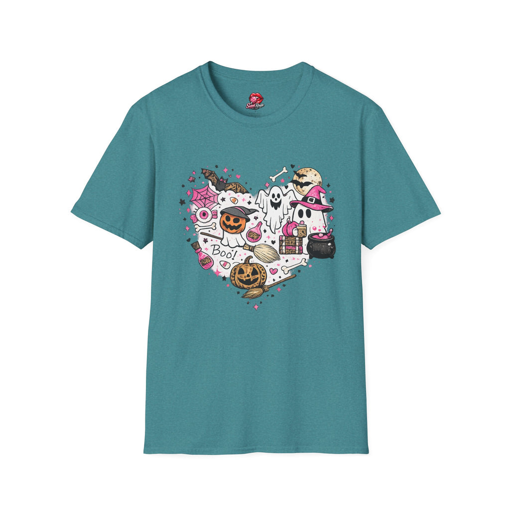 Cute Pink Halloween Characters T-Shirt | Coquette Ghost Pumpkin Graphic Tee | Girly Spooky Season Shirt | Retro Halloween Tee