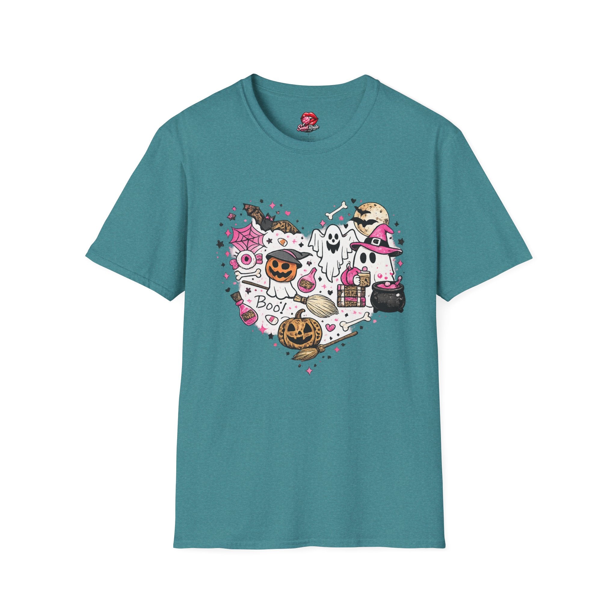Cute Pink Halloween Characters T-Shirt | Coquette Ghost Pumpkin Graphic Tee | Girly Spooky Season Shirt | Retro Halloween Tee