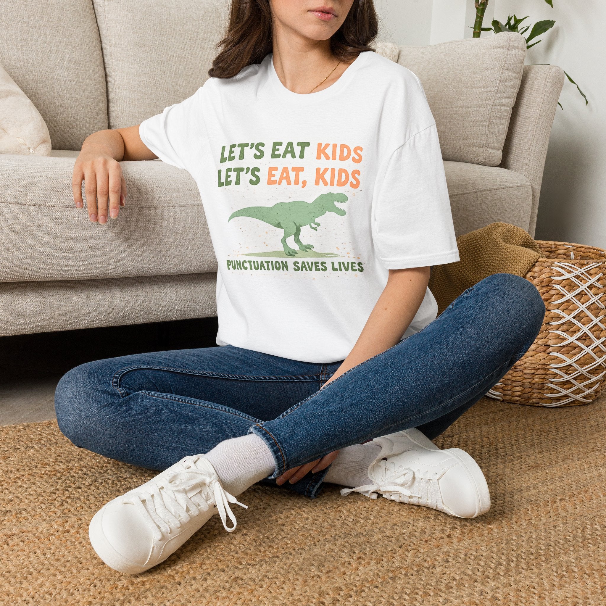 Let’s Eat Kids Let’s Eat, Kids Dinosaur Grammar Teacher T-Shirt | Funny Punctuation Saves Lives English Teacher Tee | ELA Classroom Gift