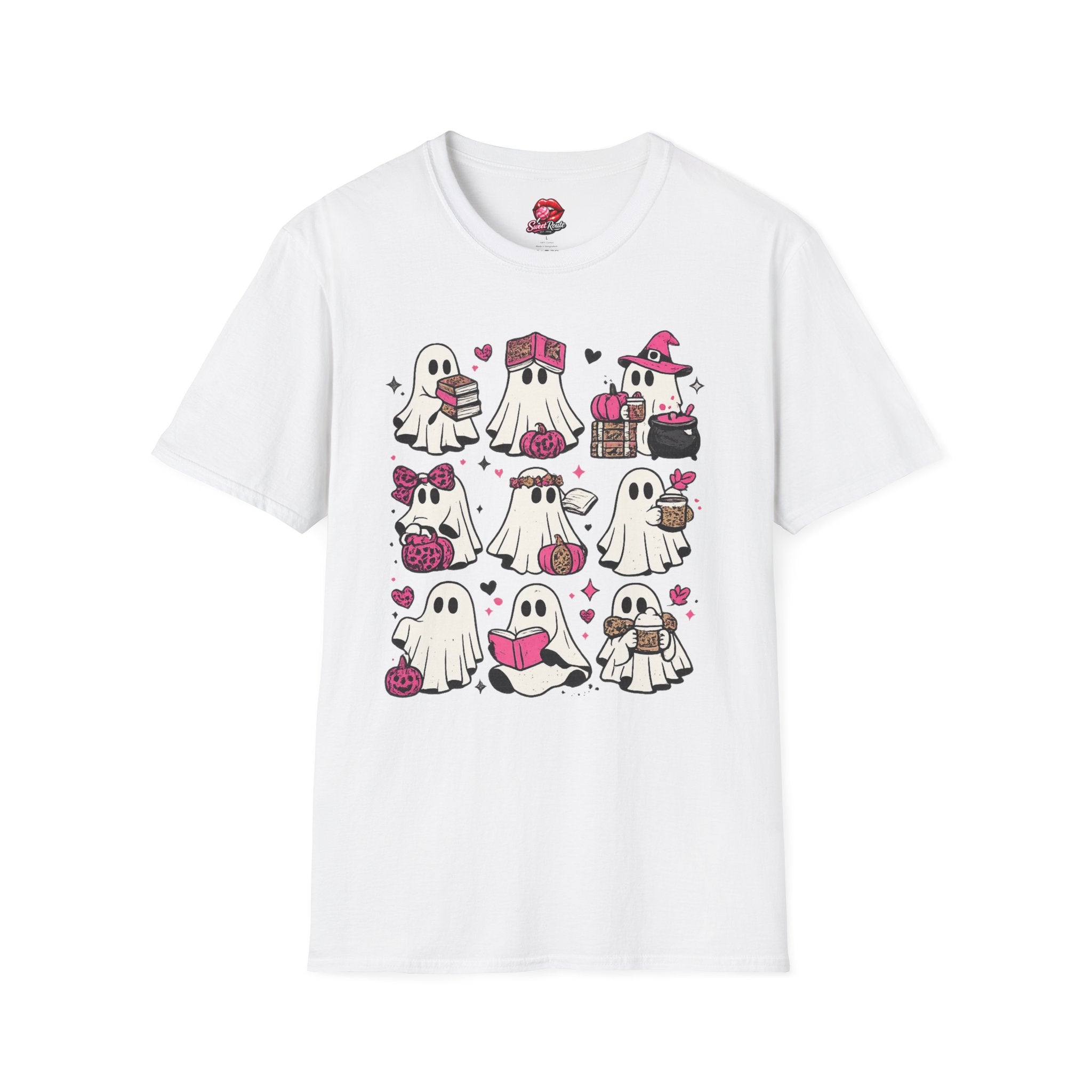 Pink Kawaii Ghosts Halloween T-Shirt | Cute Ghost Pattern Graphic Tee | Girly Spooky Season Shirt | Pink Halloween Aesthetic | Kawaii Ghost Gift