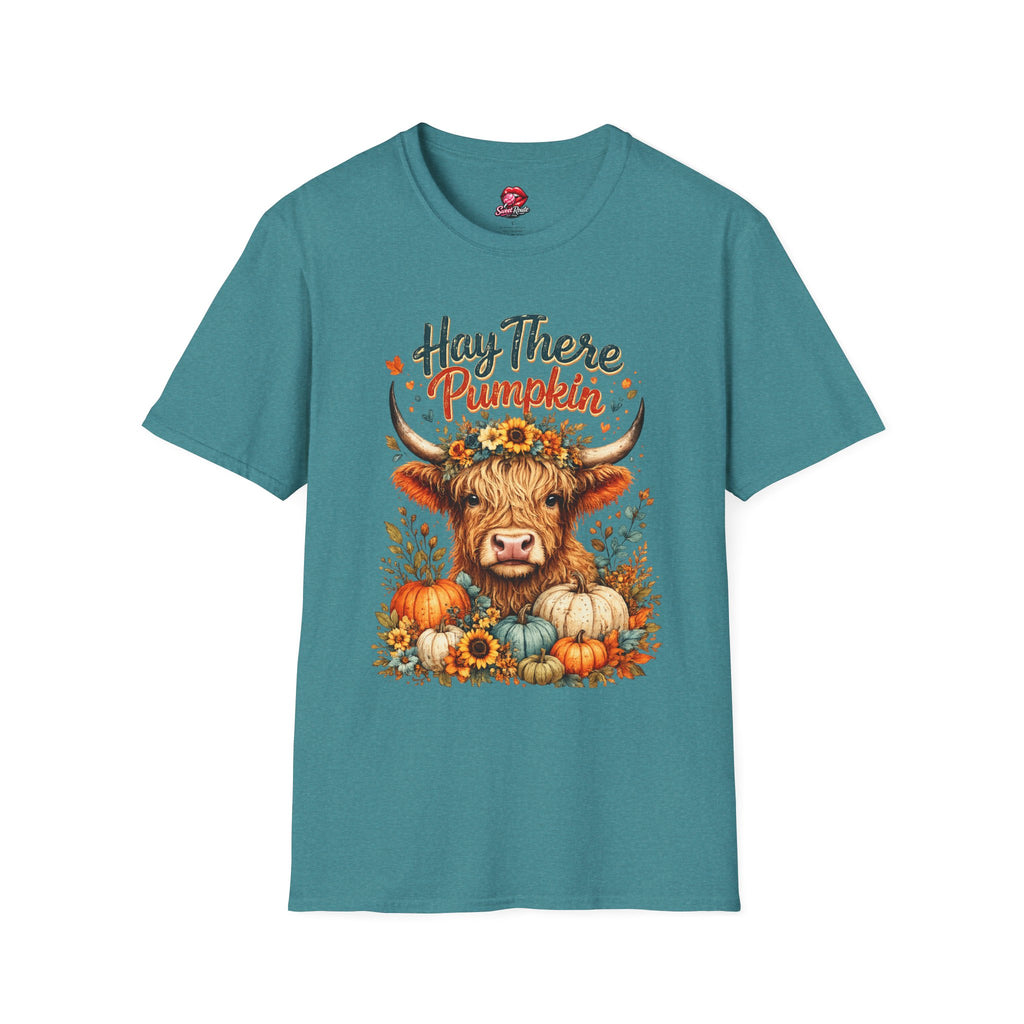 Hay There Pumpkin Highland Cow T-Shirt | Cute Fall Cow Graphic Tee | Autumn Pumpkin Farm Fall Tee | Cozy Country Style