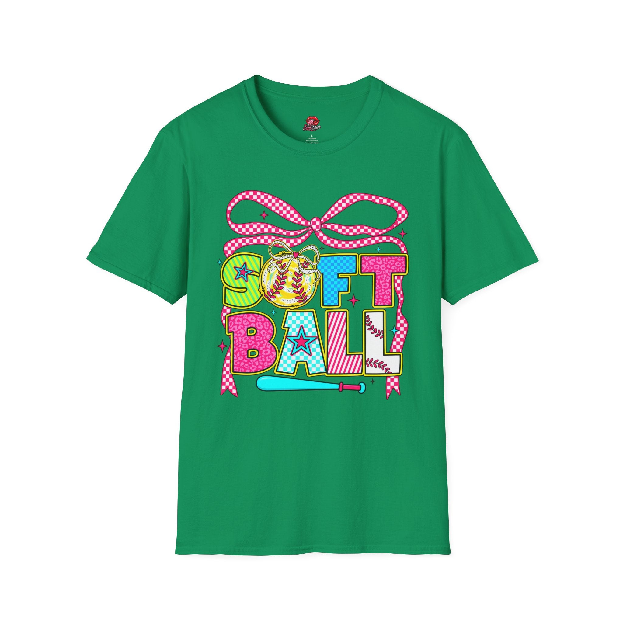 Colorful Bow & Bat Softball Tee