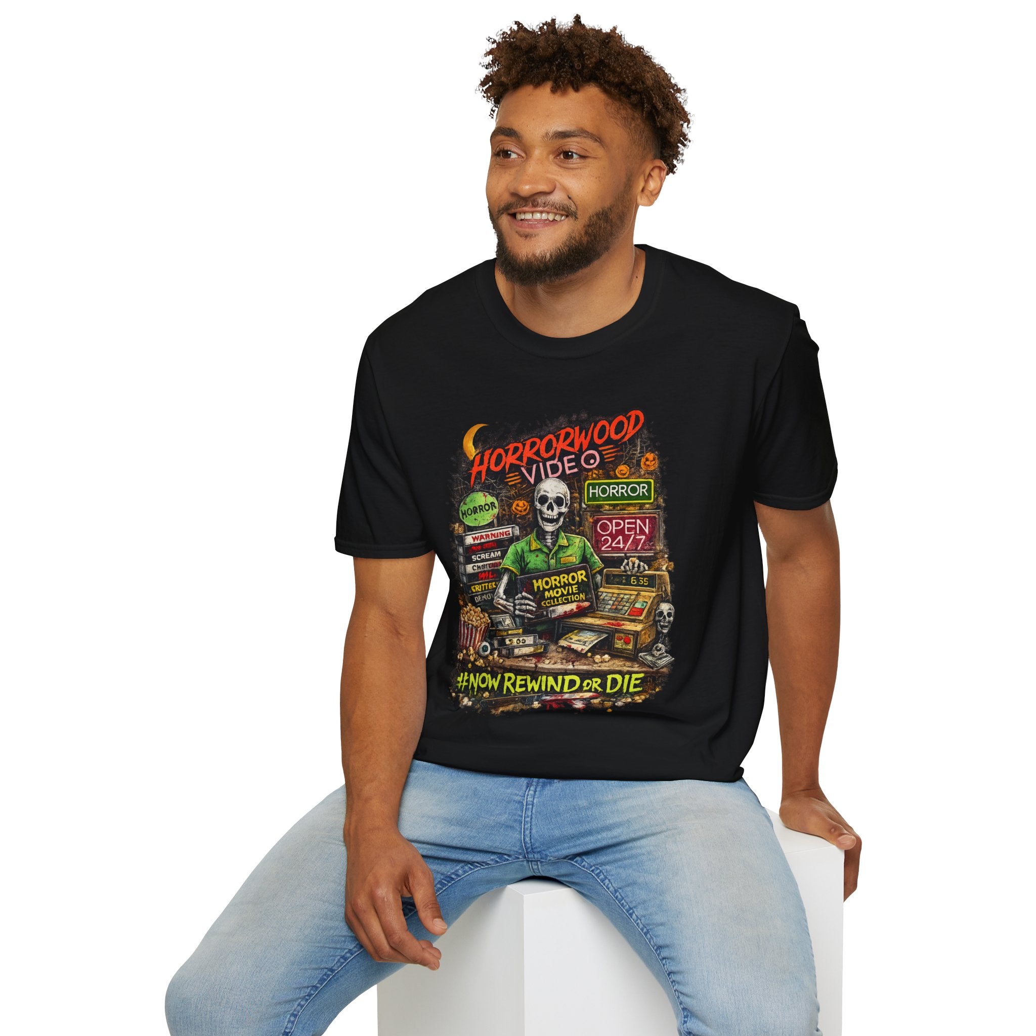 Horrorwood Retro Skeleton Horror Movie T-Shirt | Vintage Halloween Graphic Tee | Spooky Season Shirt | Horror Fan Gift