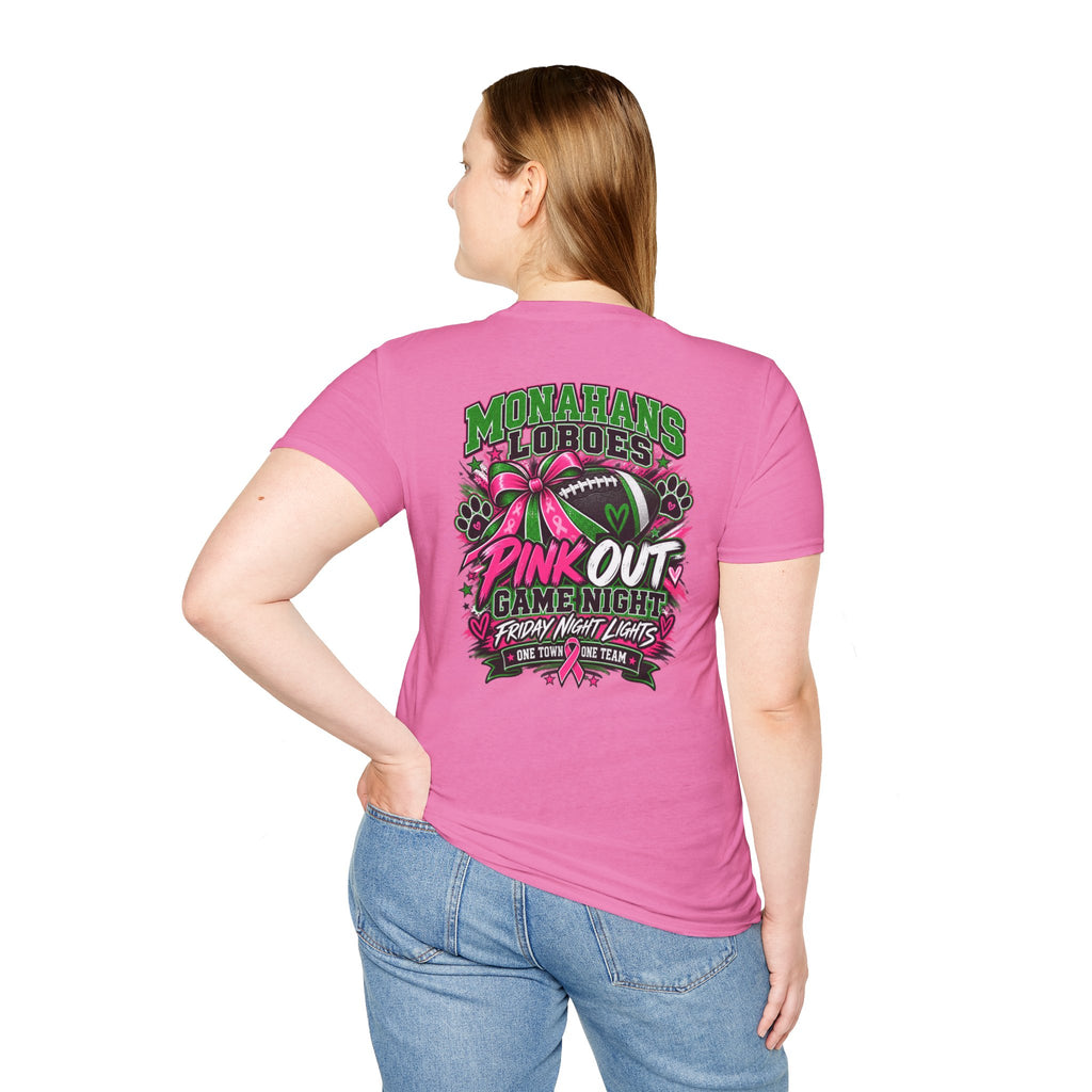 Monahans Loboes Pink Out Game Night T-Shirt – Paw Print Front & Statement Back