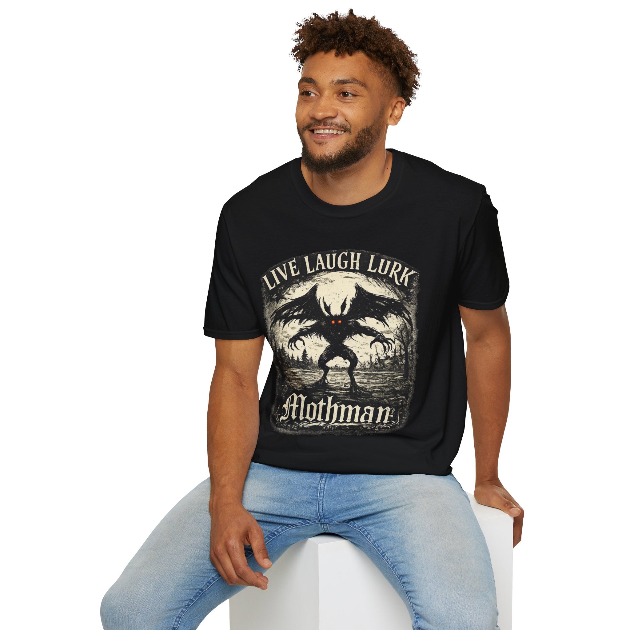Mothman Live Laugh Lurk Graphic T-Shirt | Funny Cryptid Tee | Vintage Horror Shirt | Spooky Halloween Gift | Paranormal Apparel