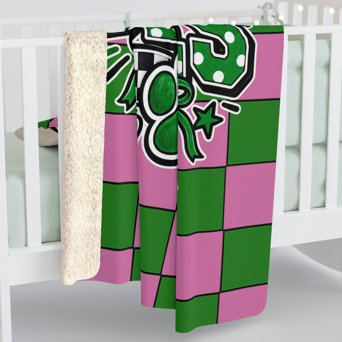 Monahan’s Loboes Sherpa Blanket — Pink & Green Team Plaid Fleece
