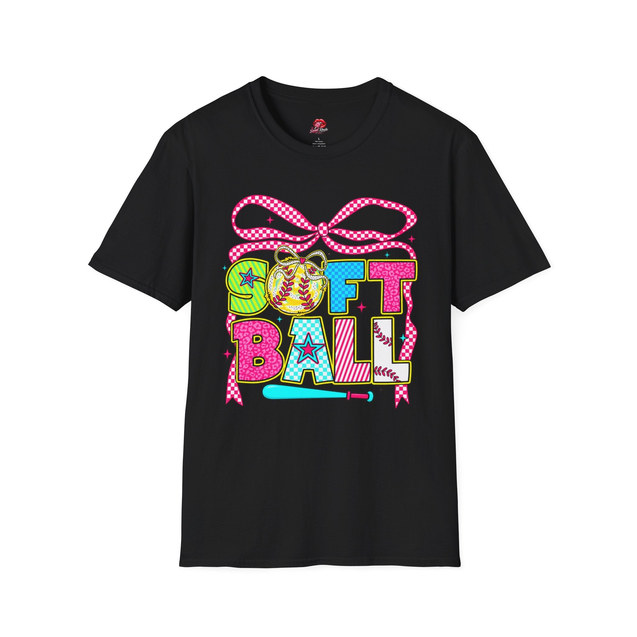 Colorful Bow & Bat Softball Tee