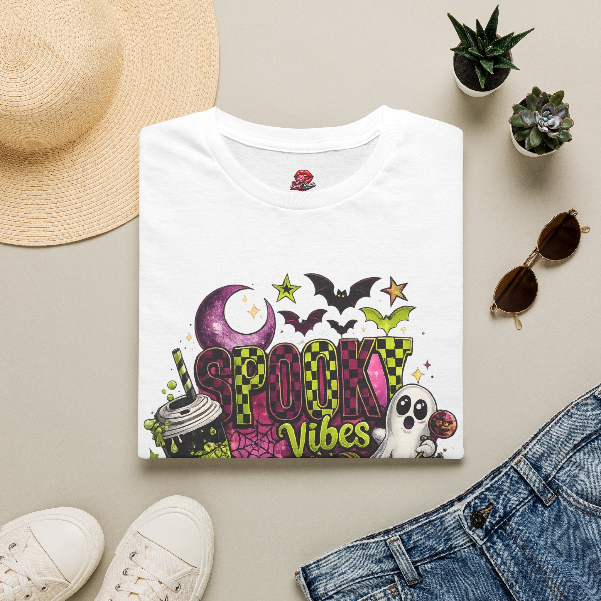 Spooky Vibes Halloween Ghost Pumpkin T-Shirt | Cute Retro Fall Graphic Tee | Vintage Halloween Shirt | Autumn Ghost Shirt | Spooky Season Gift