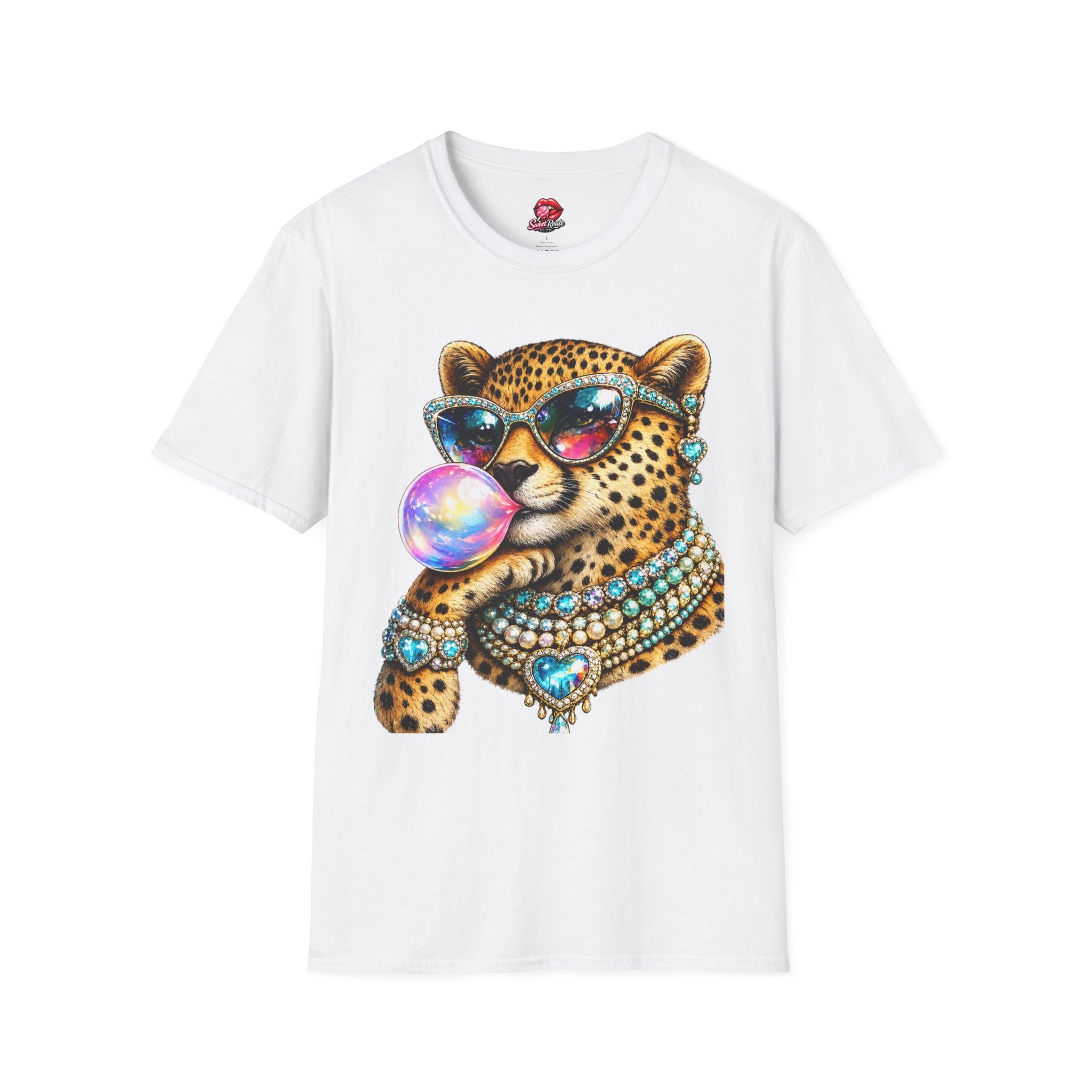 Cheerful Leopard with Sunglasses and Bubblegum T-Shirt