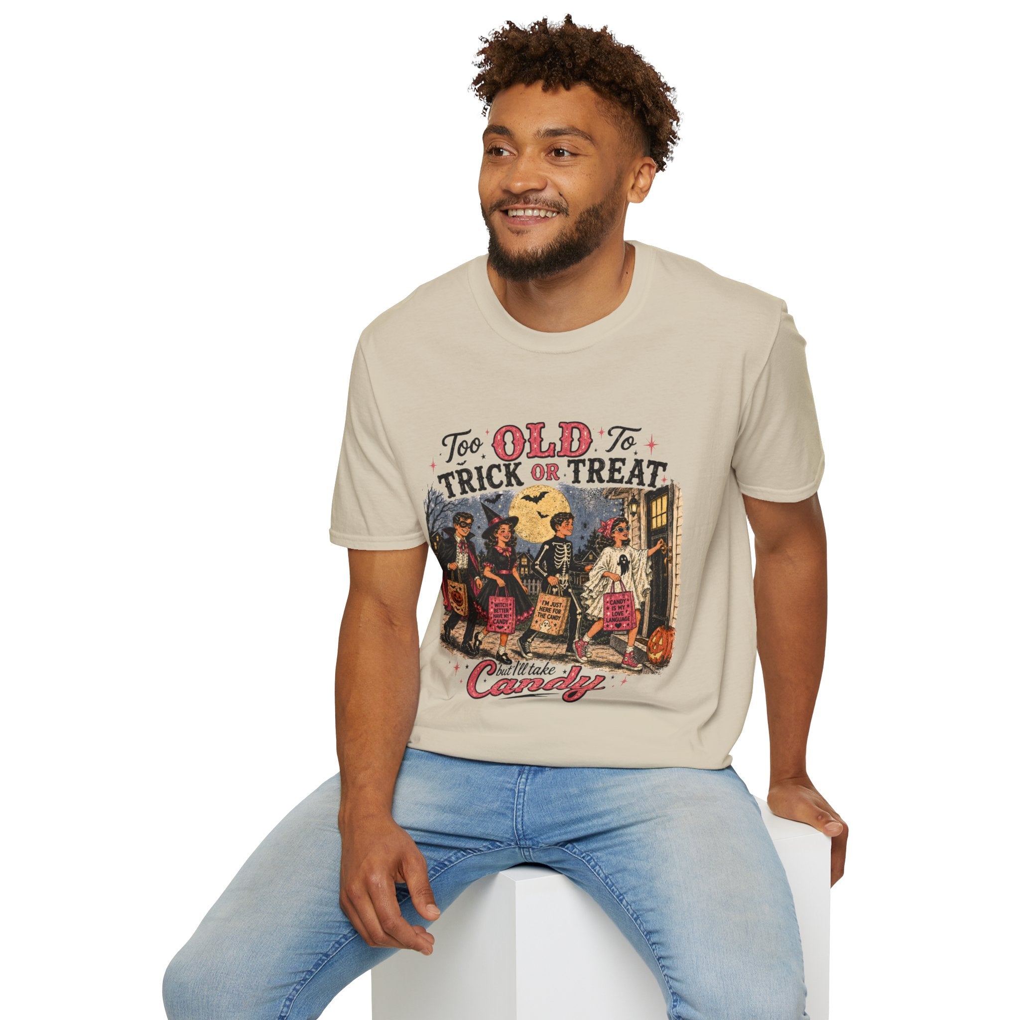 Too Old to Trick or Treat T-Shirt | Funny Vintage Halloween Shirt | Adult Halloween Graphic Tee | Spooky Season Shirt | Fall Halloween Gift