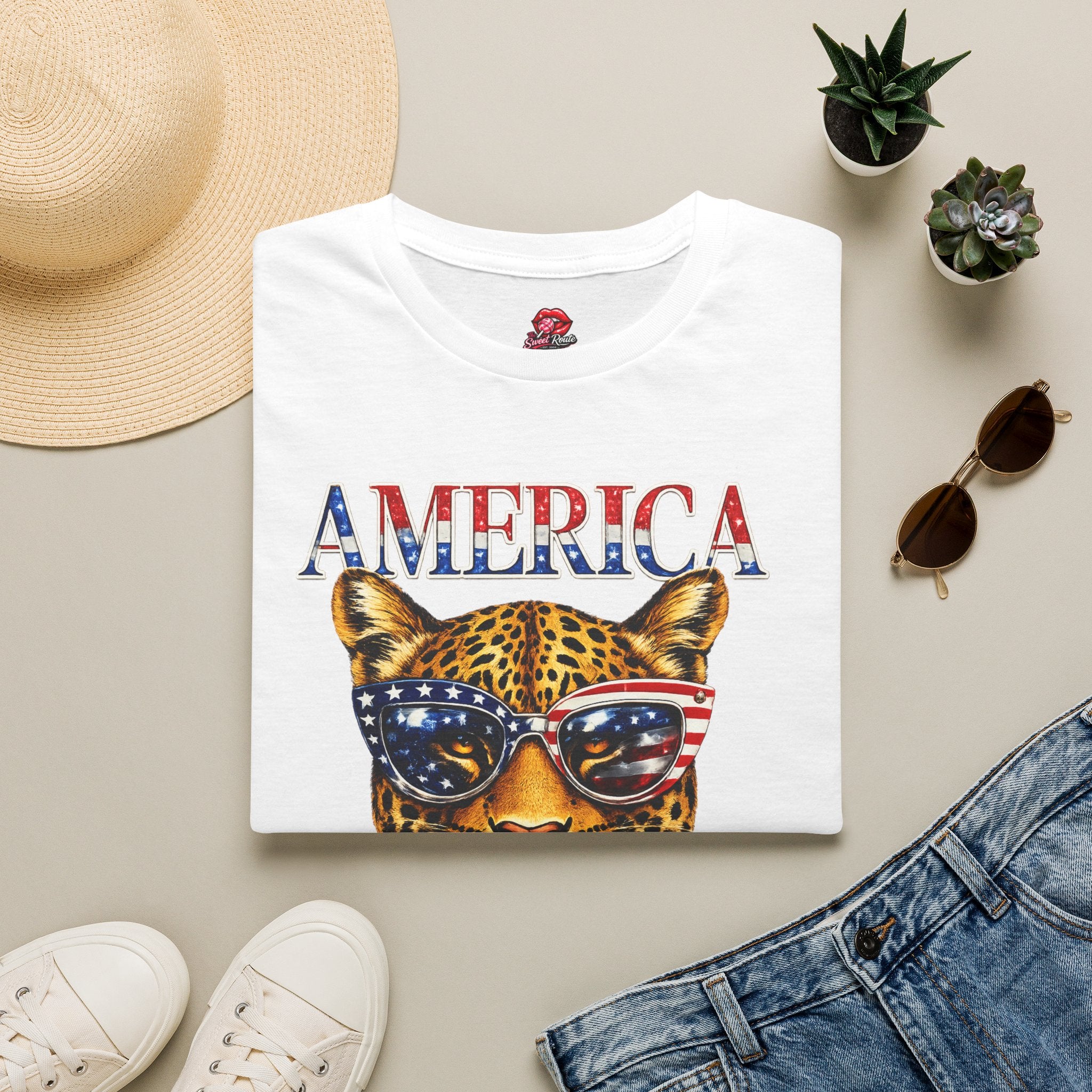 Patriotic Leopard with USA Sunglasses T-Shirt
