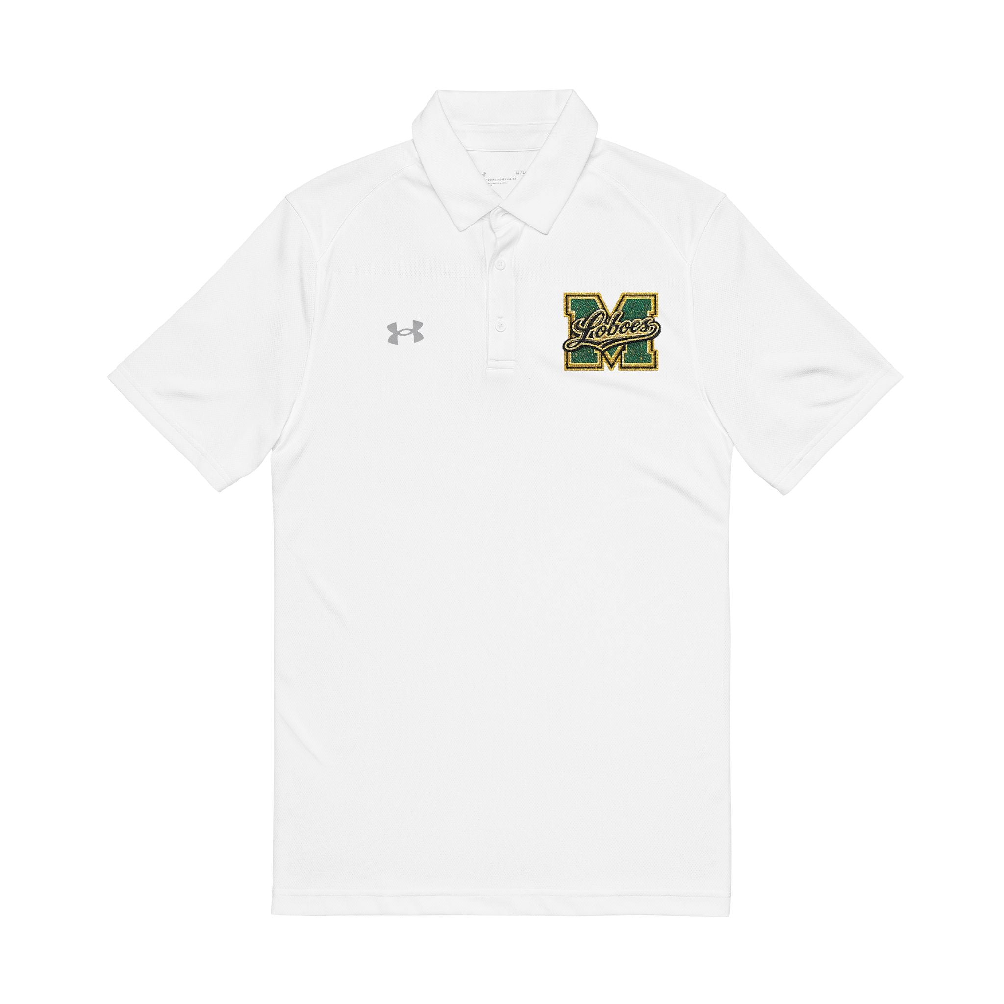 Embroidered White Polo Shirt with Green & Gold 'M' Crest