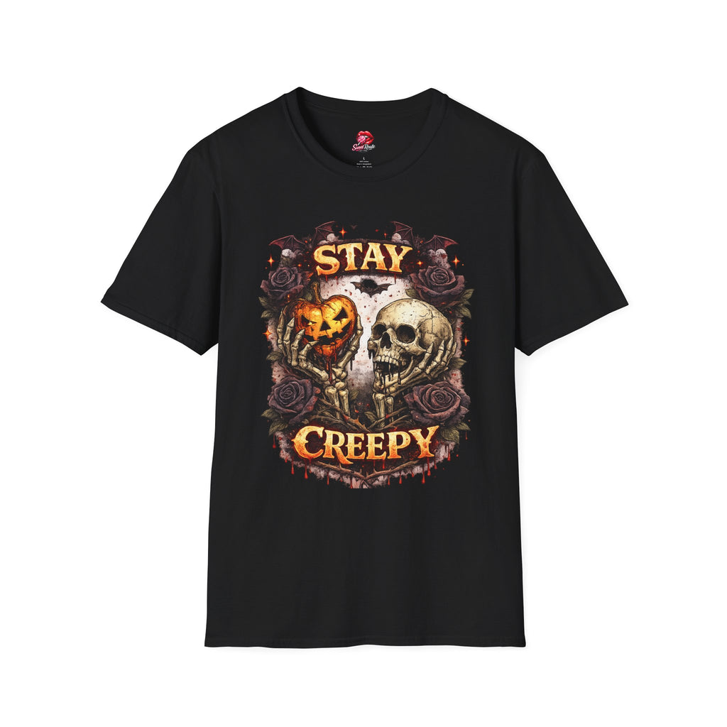 Stay Creepy Halloween T-Shirt | Skull Pumpkin Graphic Tee | Vintage Spooky Season Shirt | Retro Fall Unisex Tee
