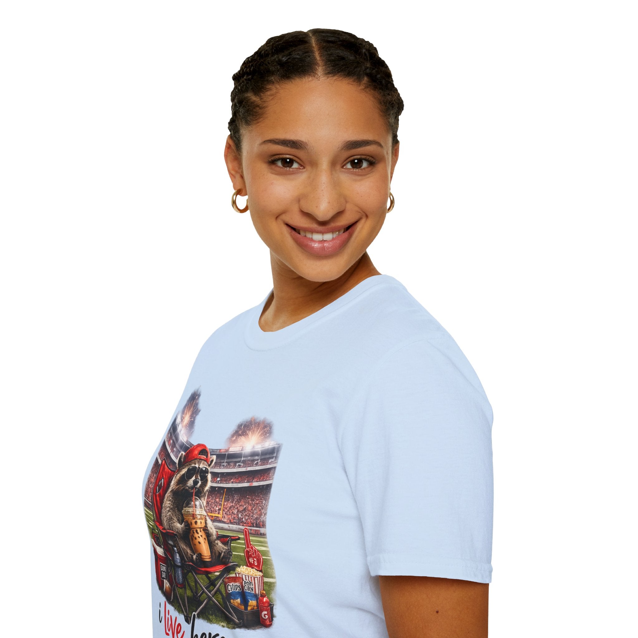 Raccoon Tailgate T-Shirt | “I Live Here Now” Funny Football Game Day Tee | Cute Fall Graphic Shirt