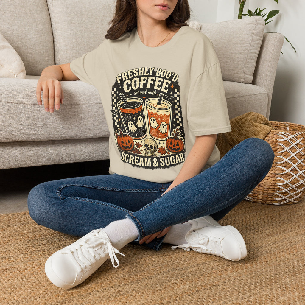 Freshly Boo'd Coffee Hallowee T-Shirt | Cute Ghost Coffee Graphic Tee | Spooky Latte Shirt | Fall Coffee Lover Tee | Pumpkin Season Gift
