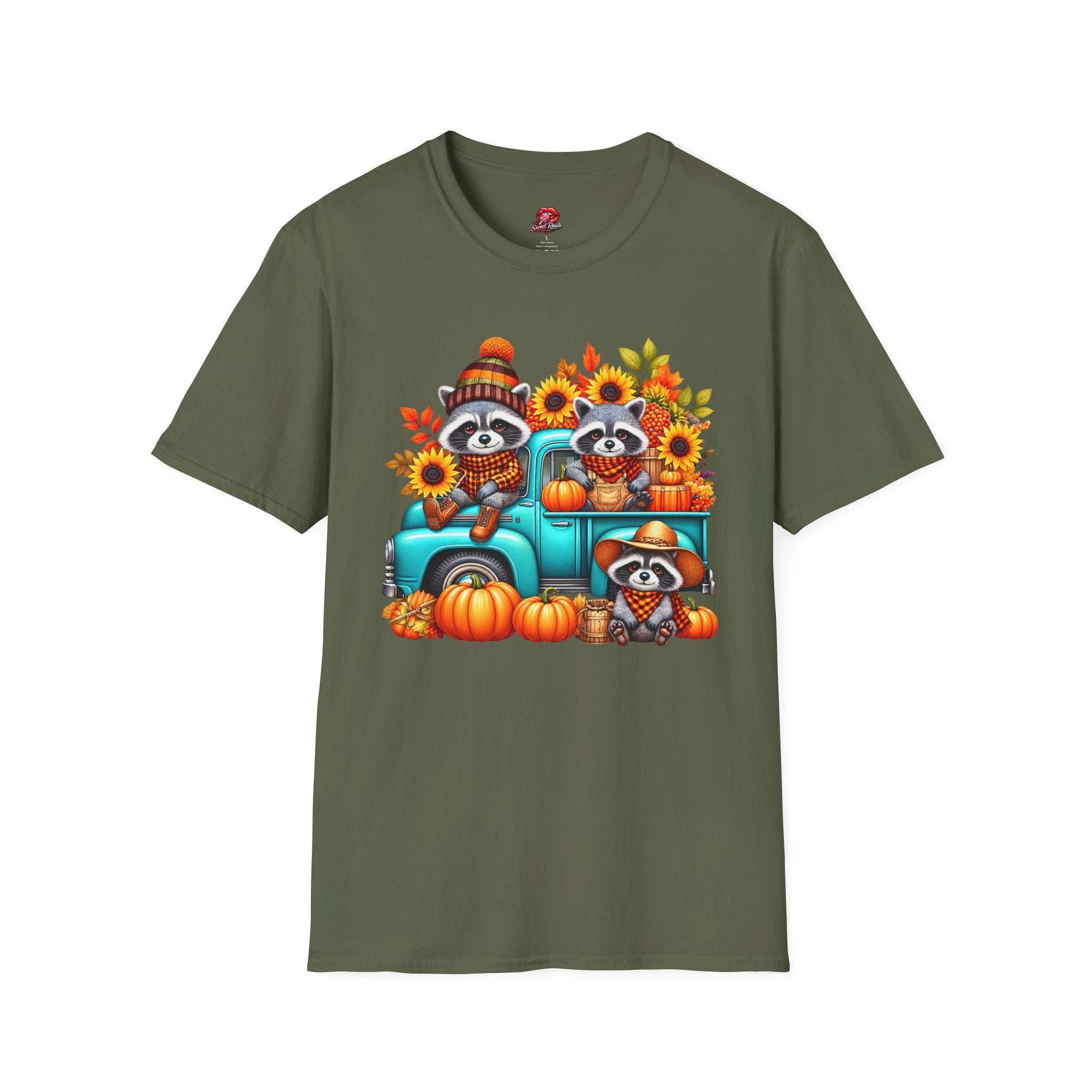 Cute Sunflowers & Pumpkins Autumn Raccoon Tee
