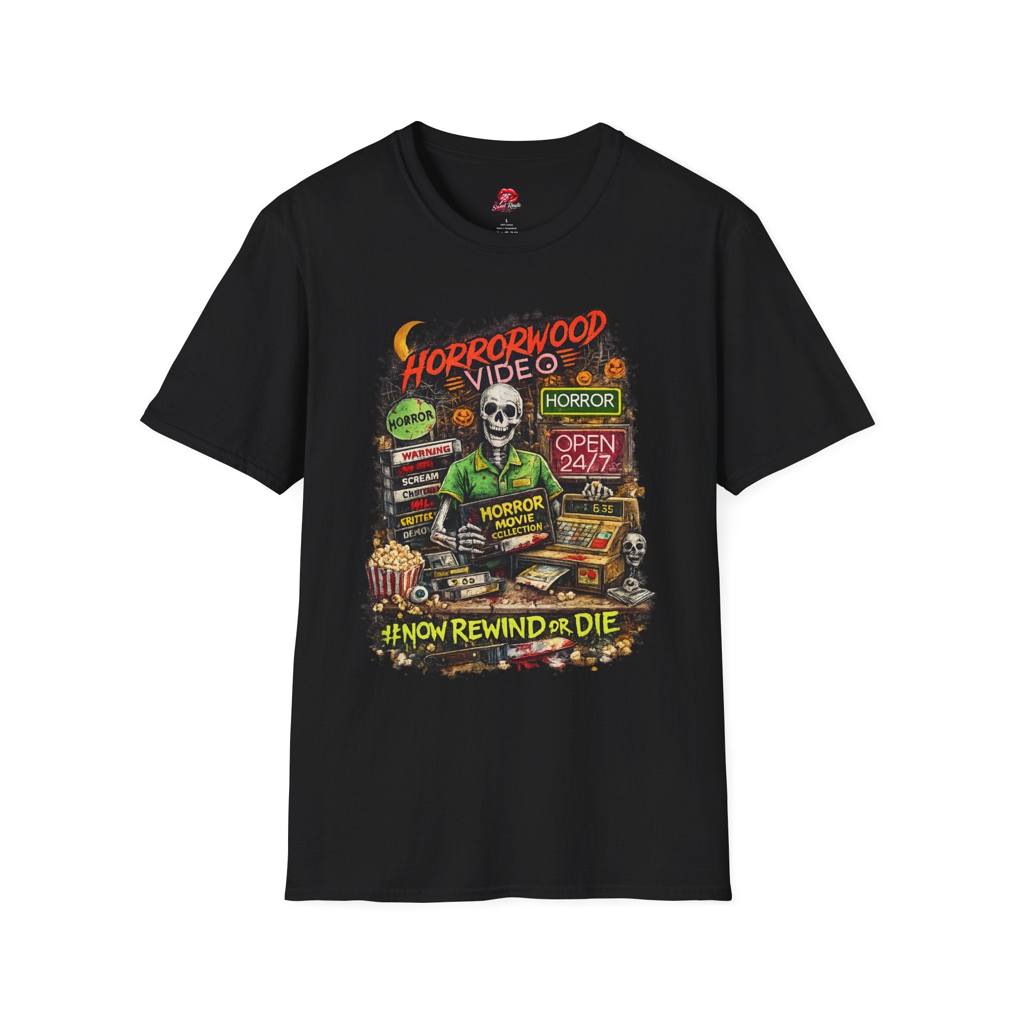 Horrorwood Retro Skeleton Horror Movie T-Shirt | Vintage Halloween Graphic Tee | Spooky Season Shirt | Horror Fan Gift