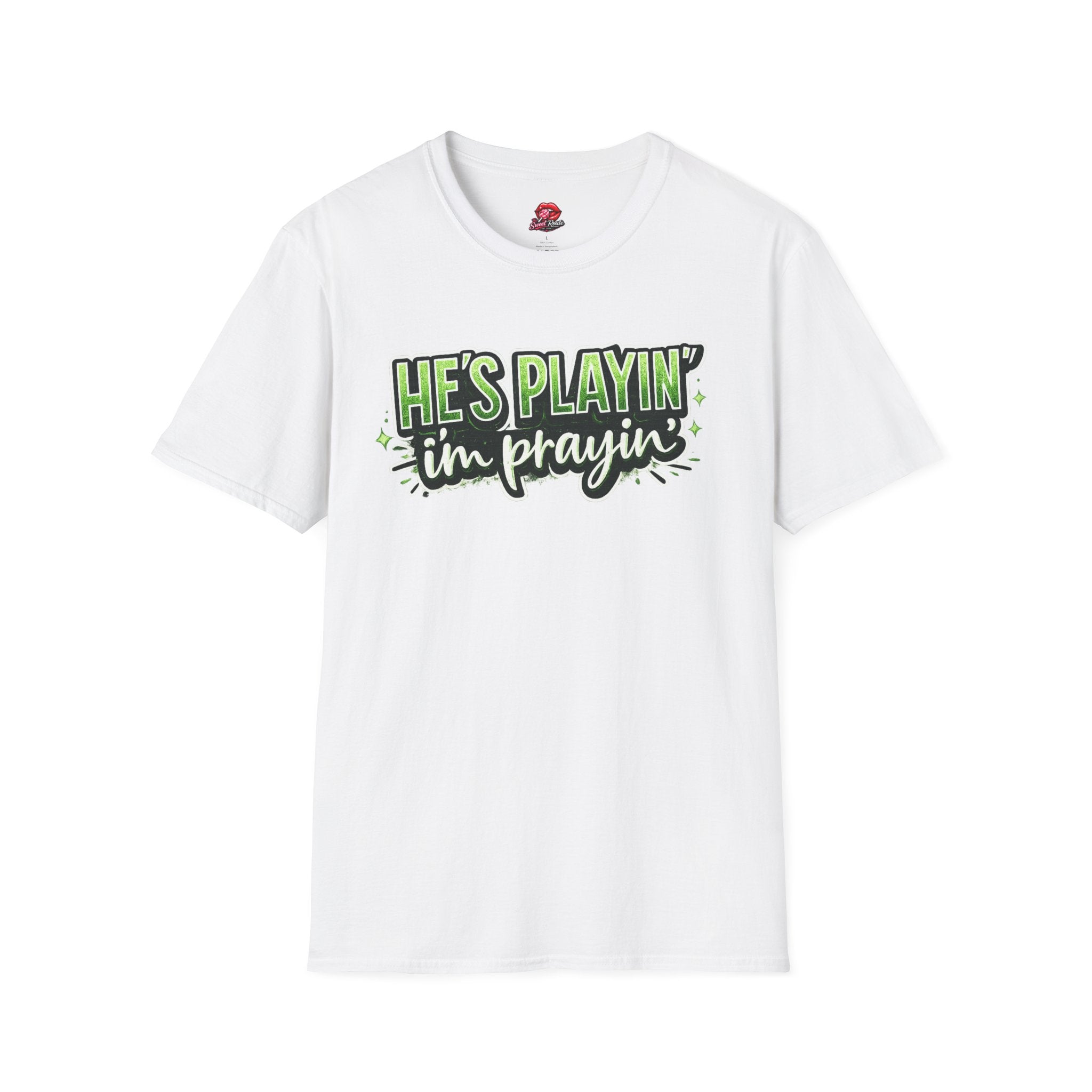 He’s Playin’ I’m Prayin Football Tee