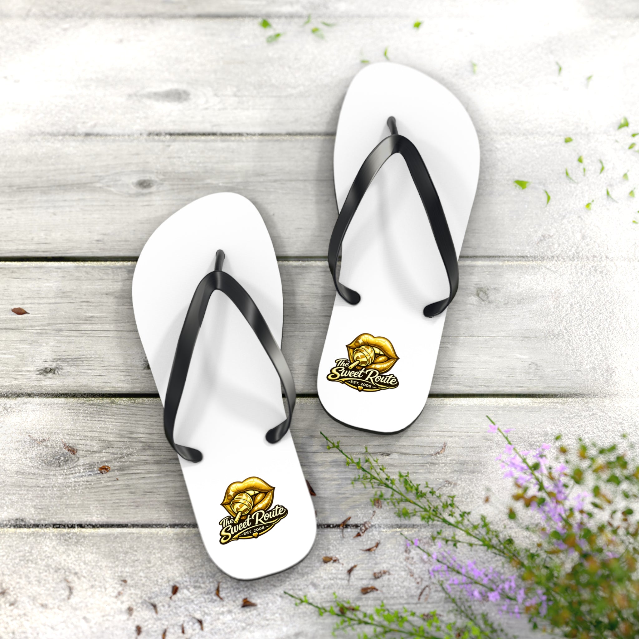 Gold Sweet Route Logo Beach Sandals