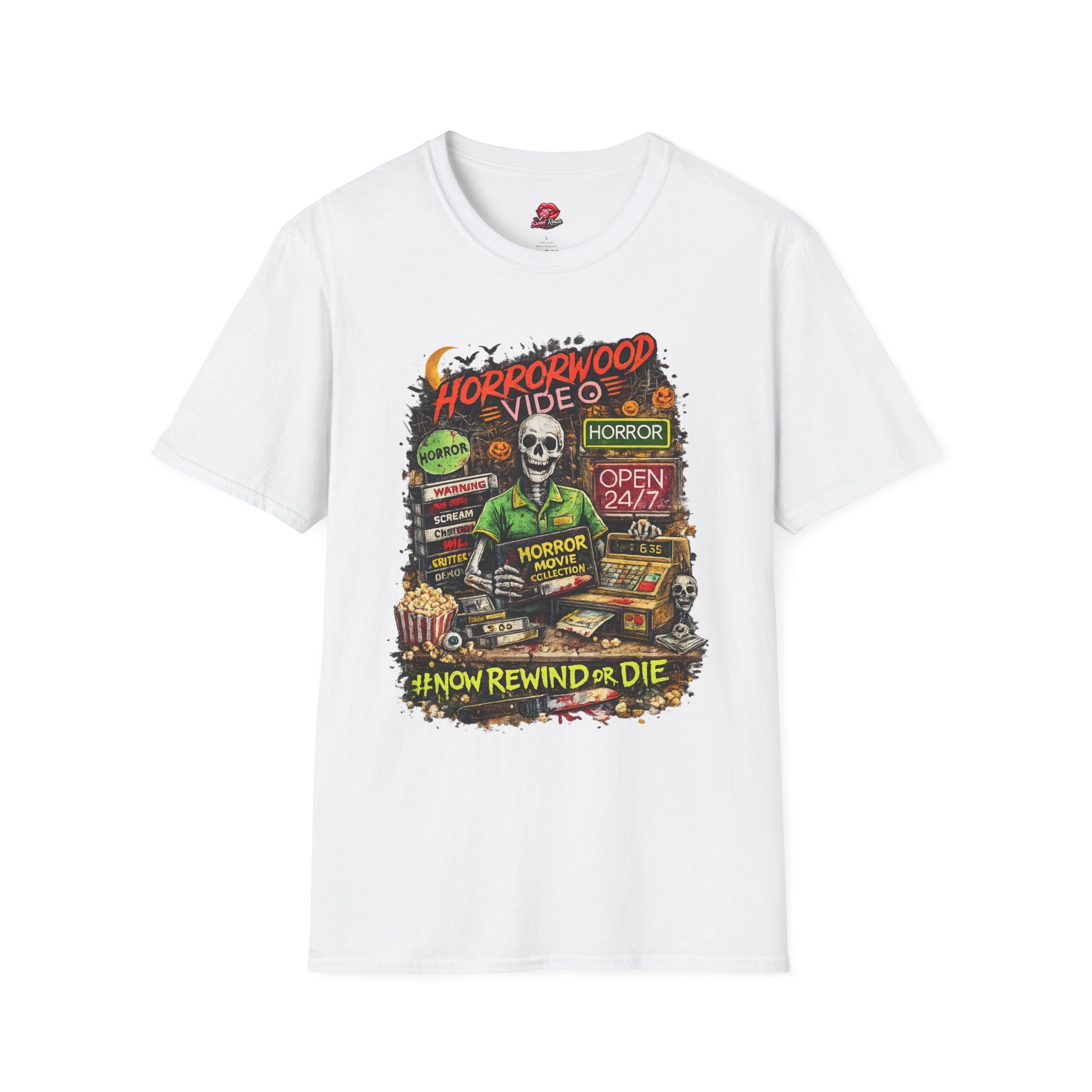 Horrorwood Retro Skeleton Horror Movie T-Shirt | Vintage Halloween Graphic Tee | Spooky Season Shirt | Horror Fan Gift
