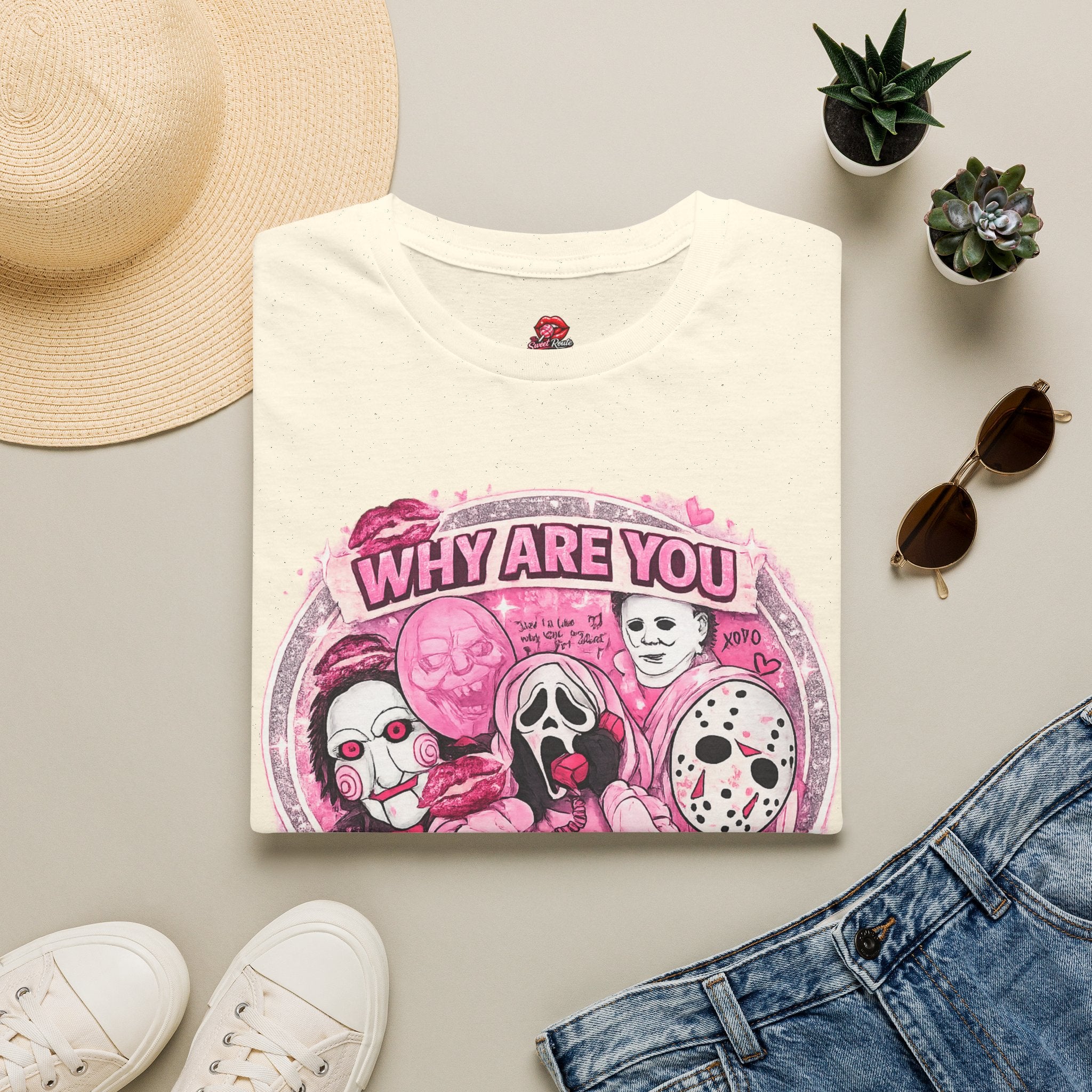 Why Are You So Obsessed With Me? Horror Icons T-Shirt | Pink Spooky Graphic Tee | Cute Halloween Horror Shirt