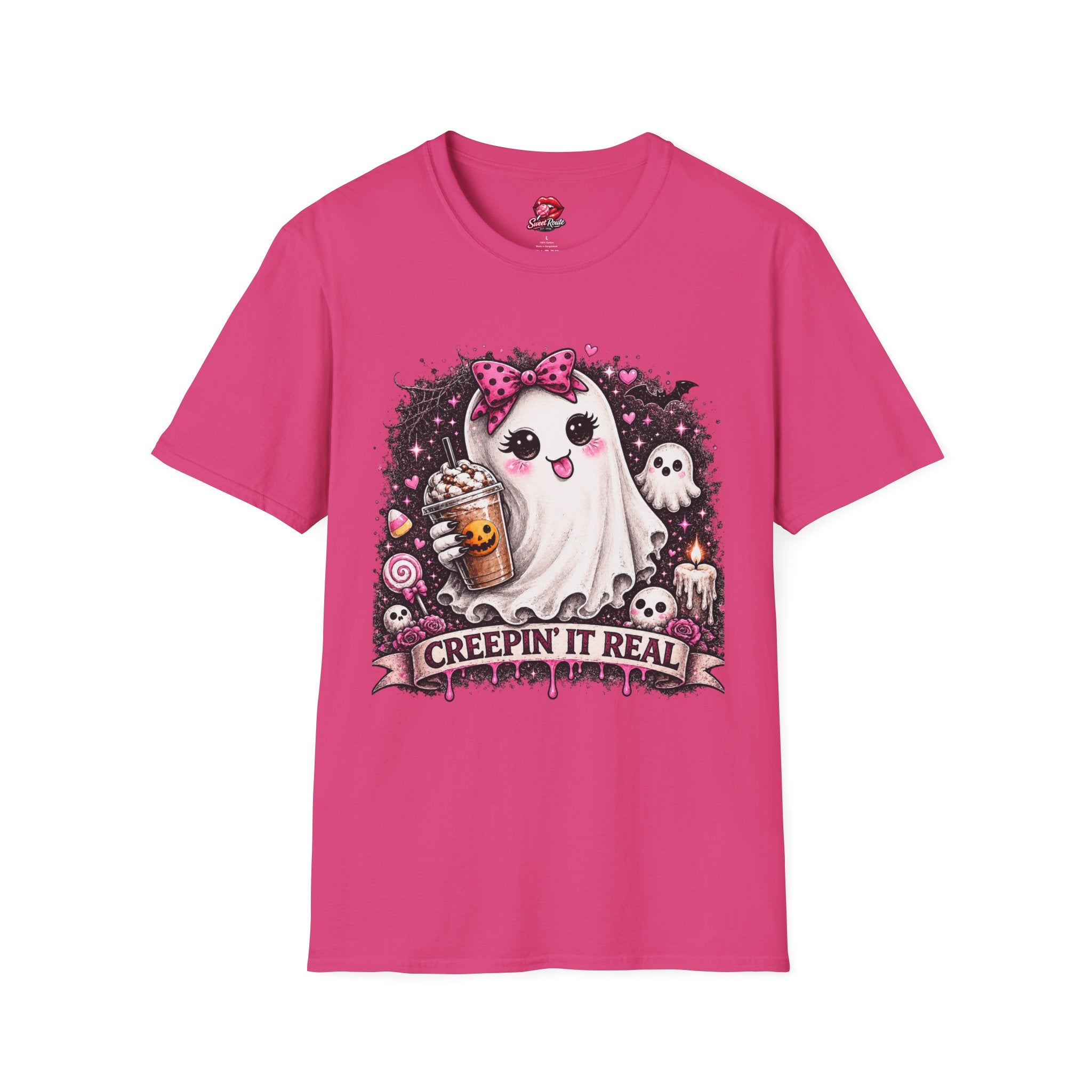 Cute Ghost with Bow Creepin It Real T-Shirt | Coquette Halloween Ghost Tee | Pink Bow Spooky Shirt | Cute Fall Graphic Tee | Halloween Gift
