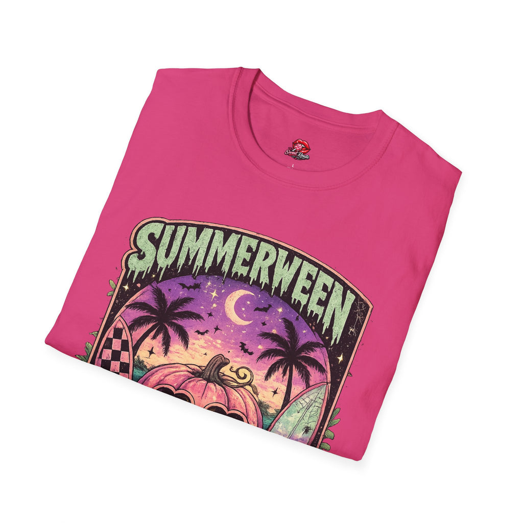 Summerween T-Shirt — Tropical Halloween Pumpkin Tee | Pink Skull Graphic Tee | Spooky Summer Vacation Shirt