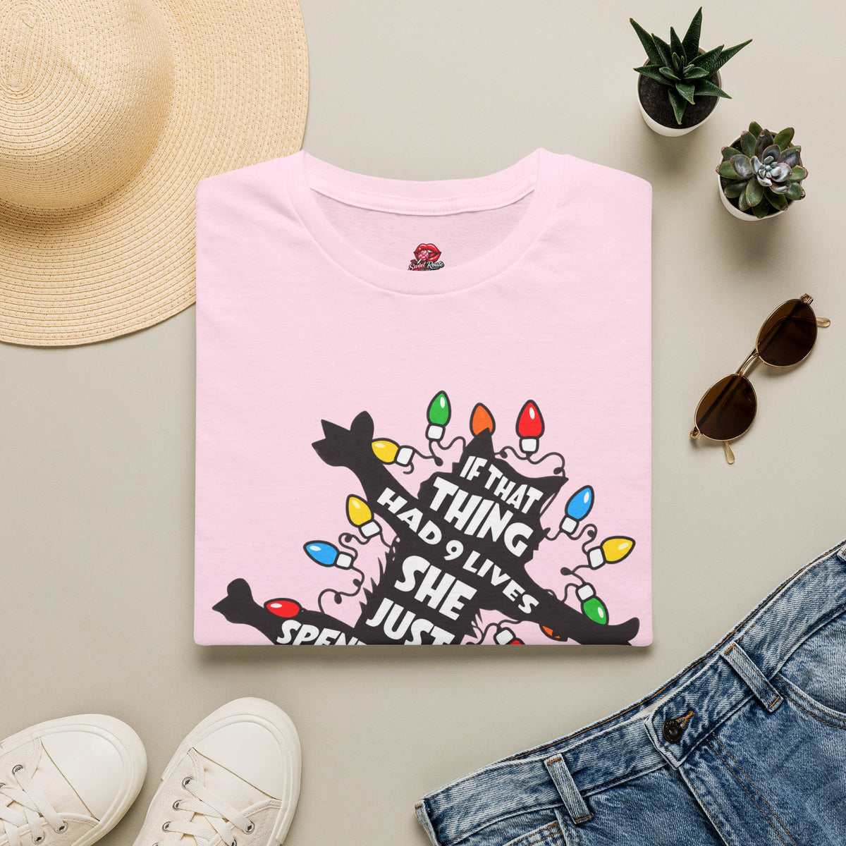 9 Lives Cat and Christmas Lights  T-Shirt