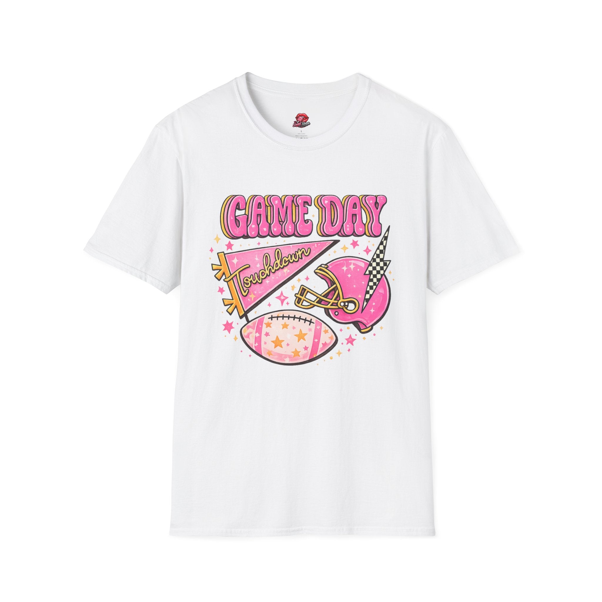 Game Day Touchdown T-Shirt | Pink Retro Football Graphic Tee | Cute Football Fan Shirt