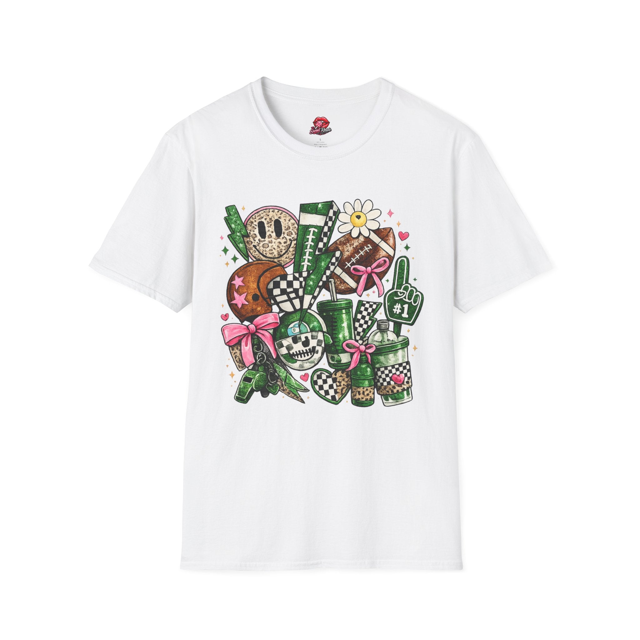 Cute Green Sports Collage T-Shirt | Football Game Day Graphic Tee | Coquette Sports Fan Shirt