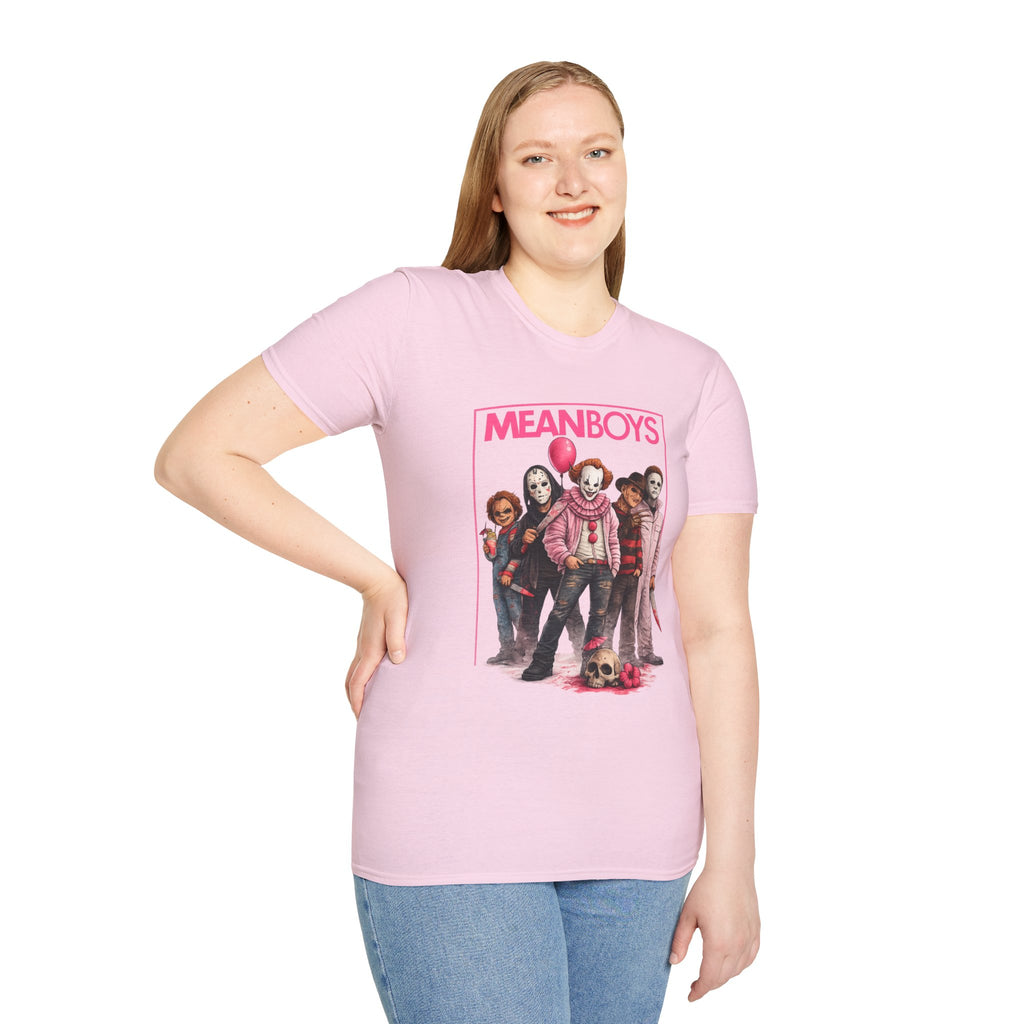 Mean Boys Horror Graphic T-Shirt | Retro Slasher Inspired Pink Halloween Tee | Cute Creepy Horror Fan Shirt | Spooky Season Gift