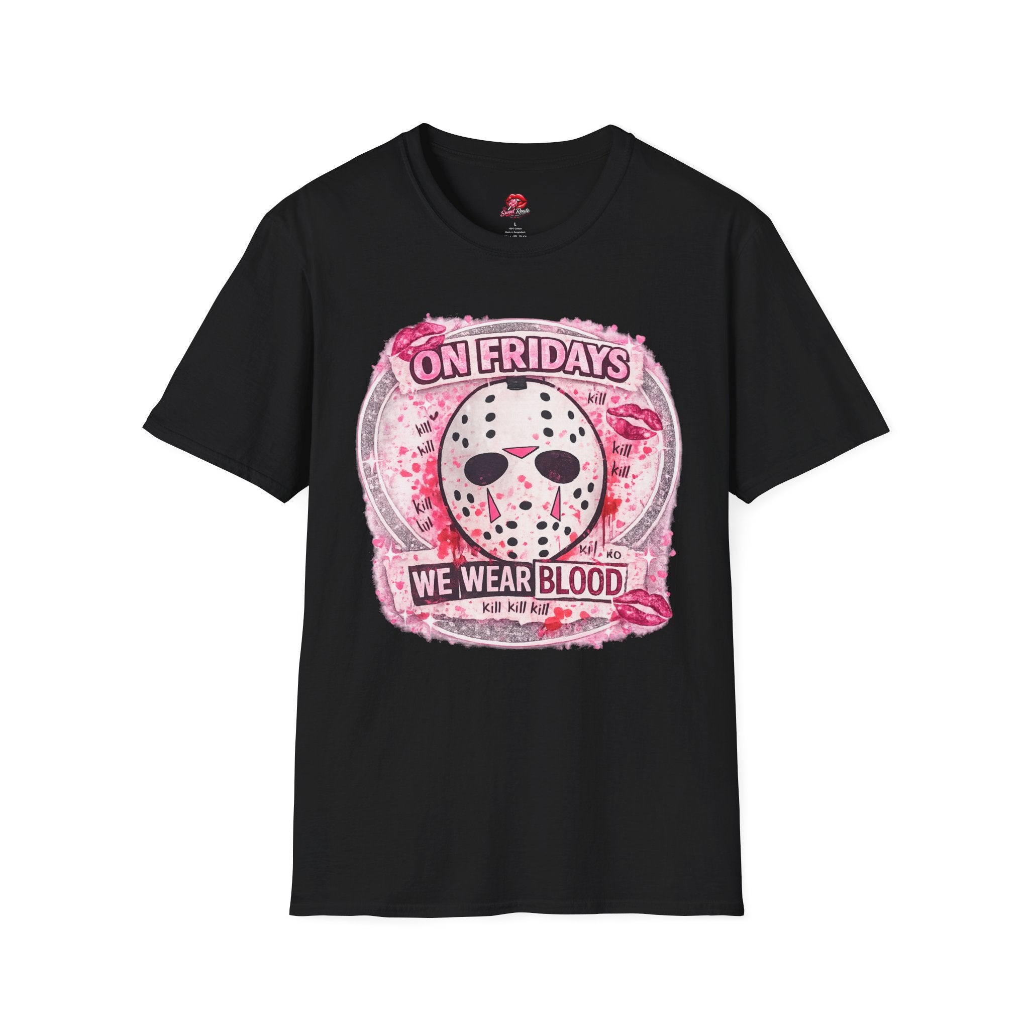 On Fridays We Wear Blood Horror T-Shirt | Pink Slasher Graphic Tee | Cute Halloween Horror Shirt for Spooky Girls